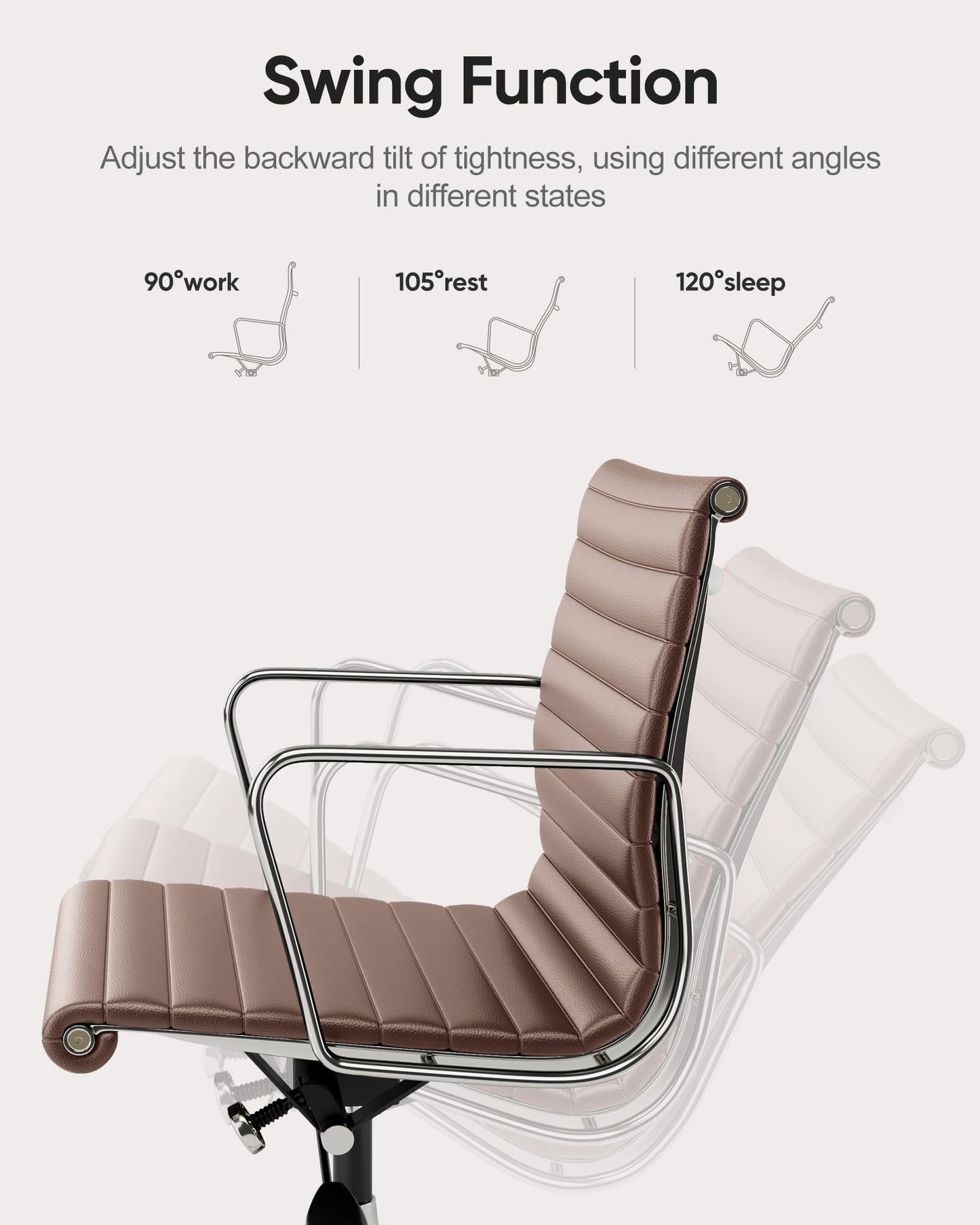 OTDMEL Ribbed Office Chair with Genuine Leather Contact Surfaces - Mid Back Ergonomic Desk Chair with Aluminum Arm Rest and 5-Star Base, Faux Leather Accents & Back Side, Swivel Chair Brown