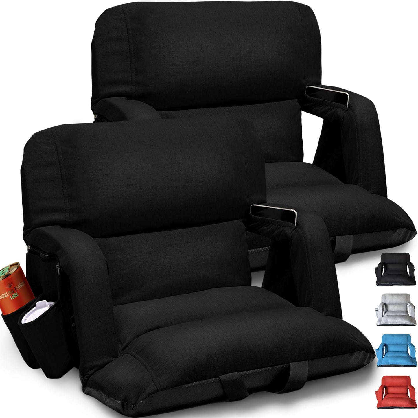 Extra Wide Stadium Seats With Back Support 2 Pack, Exclusive "Sofa Style" Design Thick Bleacher Chairs With Back and Cushion, 6 Reclining Positions - Ultimate Comfort for Sports Events (Black, 25")