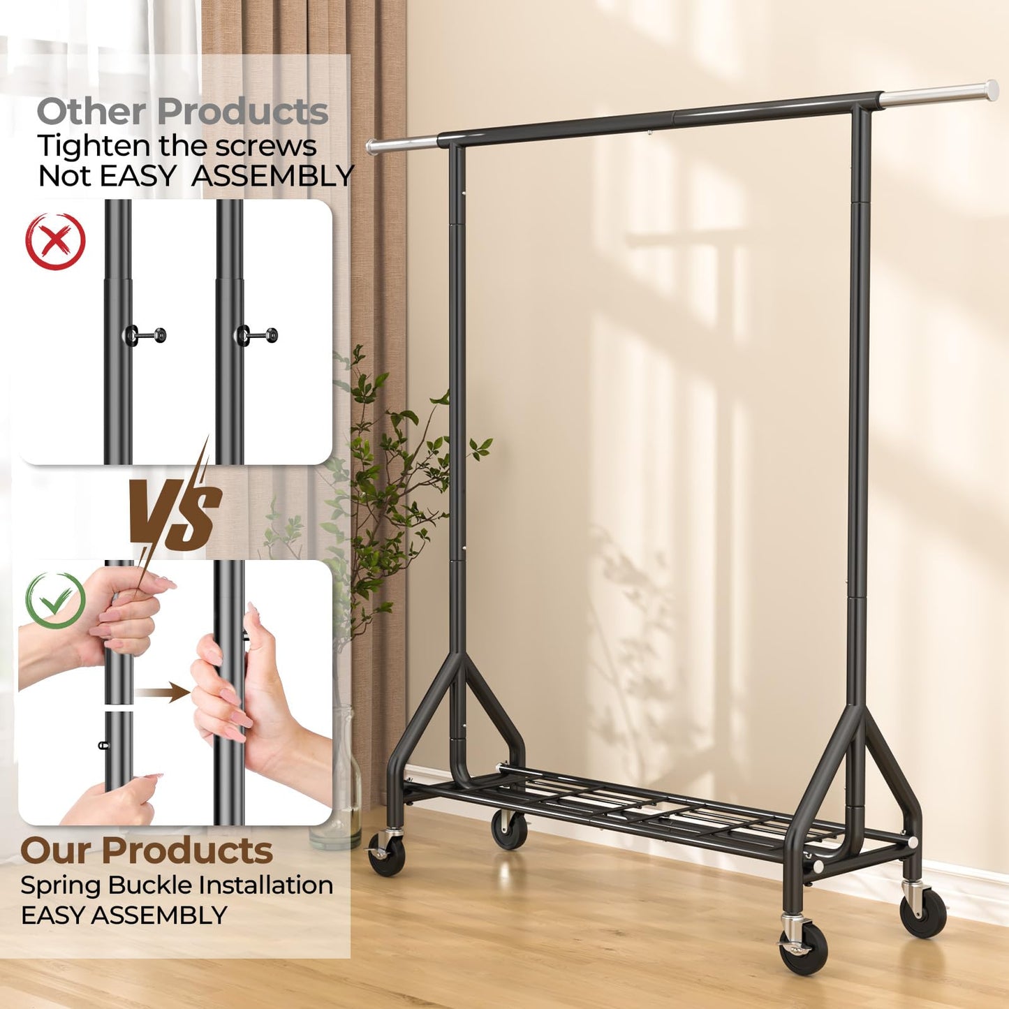 HYSEYY Heavy Duty Clothes Rack Load 450 LBS, Metal Garment Rack, Standing Rolling Clothing Rack for Hanging Clothes with Sturdy Wheels & Shelves, Portable Closet Wardrobe Rack,Black
