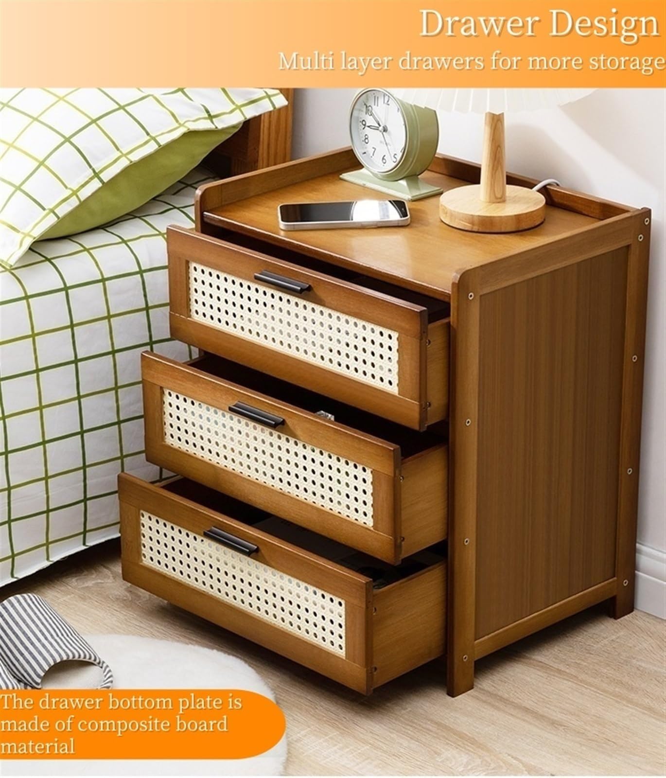 Boho Nightstand, End Table for Bedroom,Rattan Nightstand End Table,3Drawers Storage Ideal for Living Room and Small Space (Brown), for Home(Black)