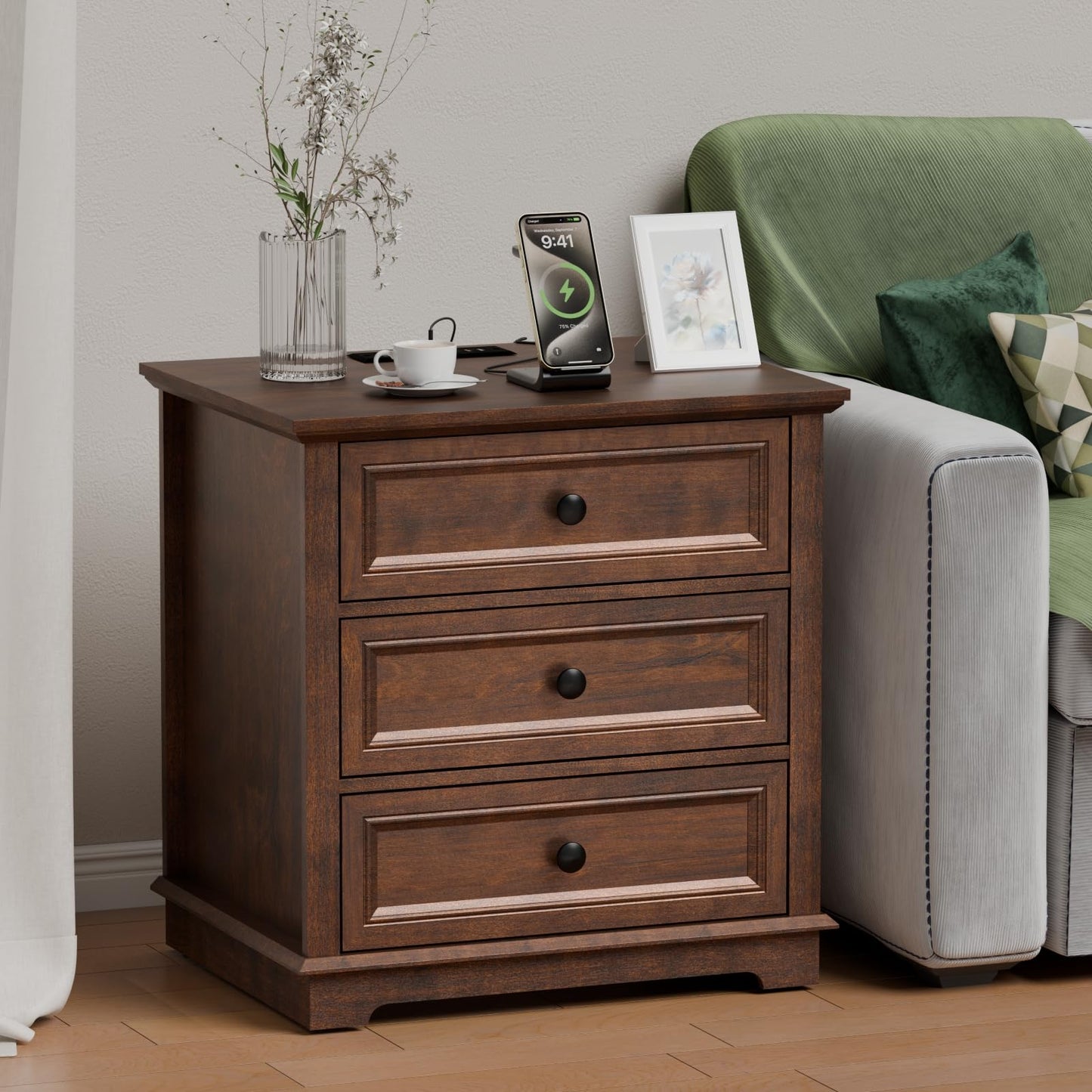 Nightstand with Charging Station, 24” Wide End Table with 3 Drawers, Modern Bedside Table with Storage, Wood Small Dresser for Bedroom Living Room. (Cherry)