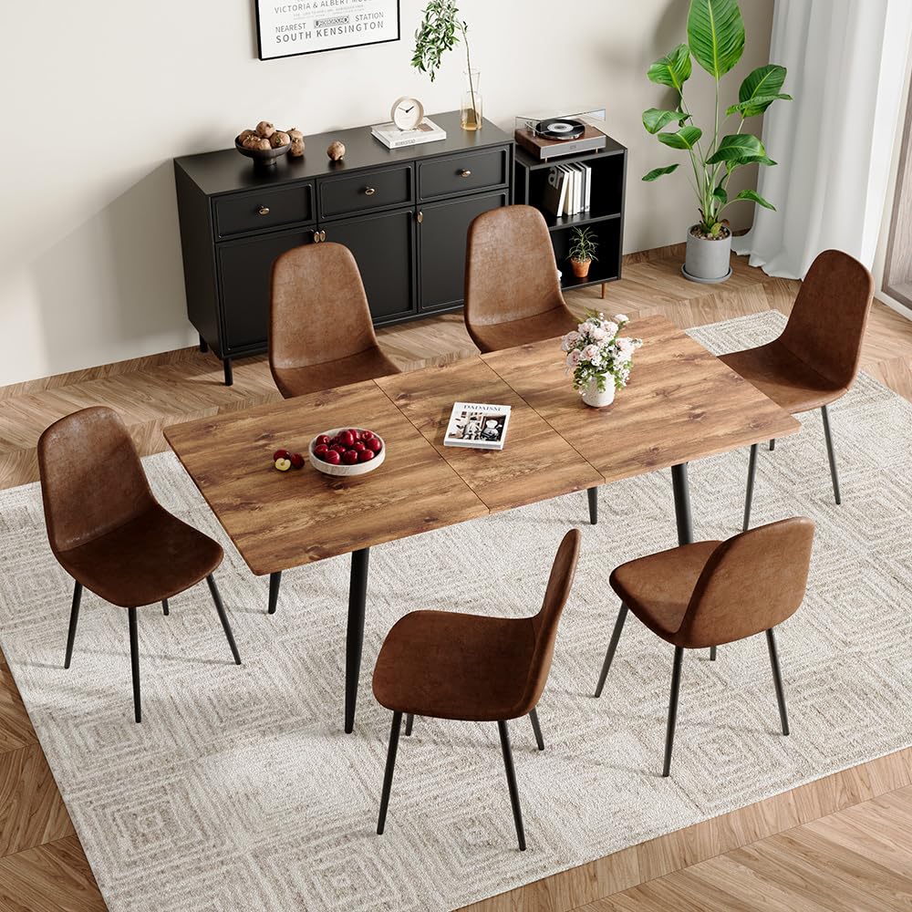 Rejeke 59"-75" Extendable Dining Table Set for 6,Wood Dining Room Table Set for 6,Mid Century Rectangular Kitchen Table with 6 Upholstered Chairs for Home (Easy Assembly,Space-Saving)