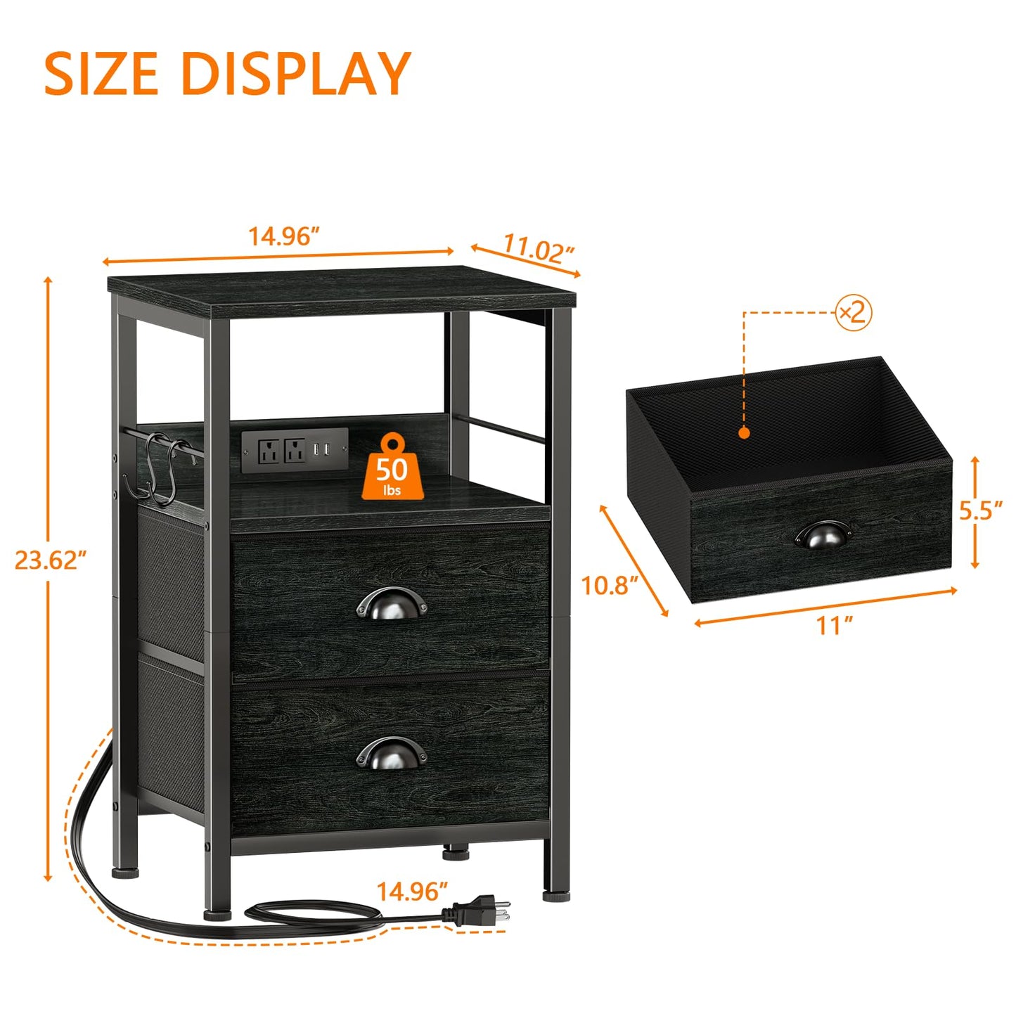 Furologee Nightstand Set of 2, Black Oak, with Charging Station and USB Ports, Side Tables with 2 Fabric Drawers, Bedside Tables with Storage Shelf & Hooks, for Living Room/Bedroom