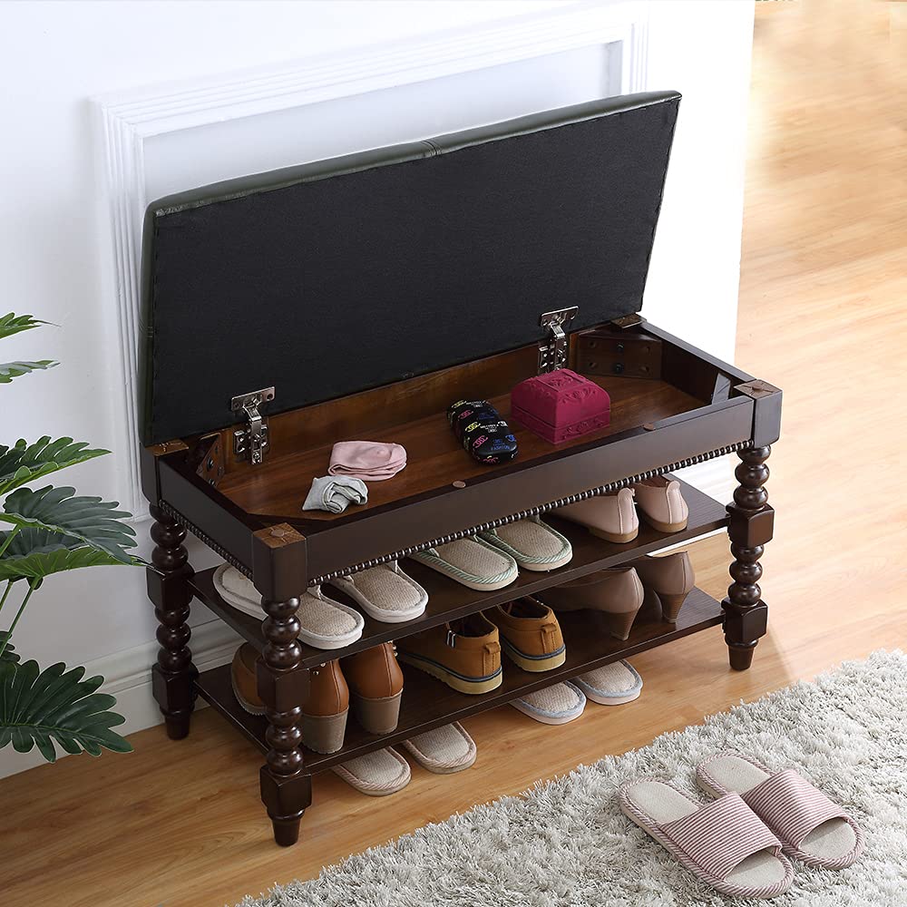 LEILISI Shoe Bench, Wood Storage Bench with Cushion Seat, Shoe Rack with Hidden Storage Space for Entryway Living Room Bedroom Hallway (Walnut, 31.5'')