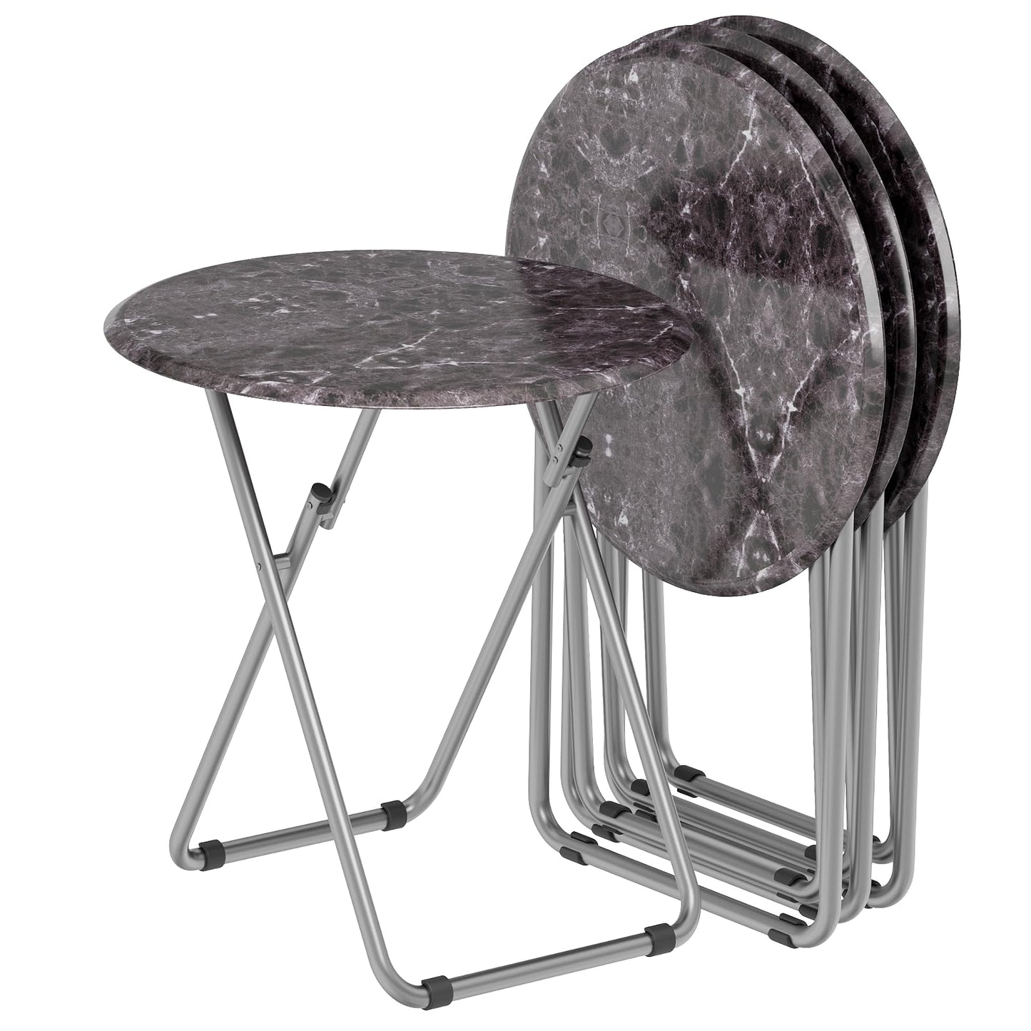Fleecy day Folding Round TV Tray Table Set of 4, TV Dinner Table with Sturdy MDF Top, Eating Trays for Living Room with No Assembly Required, 17.5 x 17.5 x 26 in (Black Marble, 4Pcs)