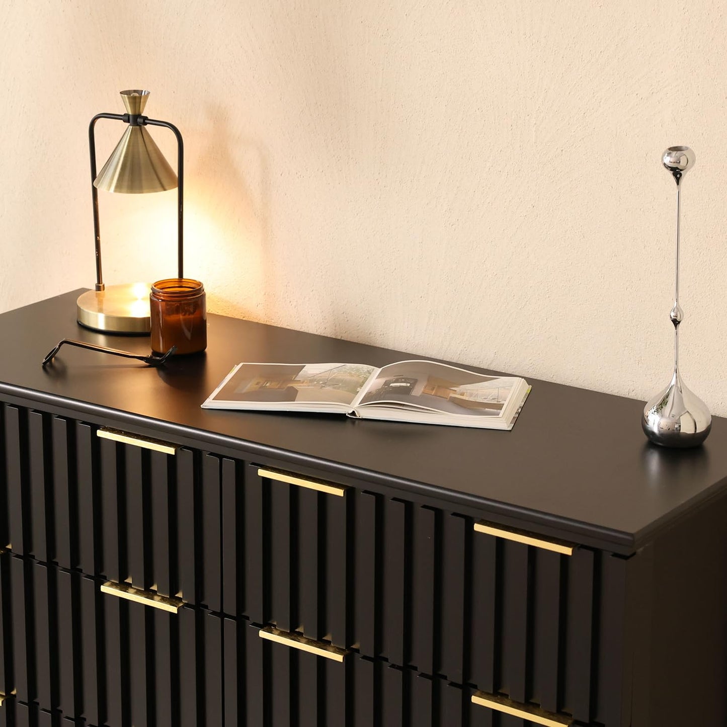 LAZZO 6 Drawer Dresser for Bedroom Black Fluted Wooden Dresser Tall Chest of Drawers with Double Golden Handles Modern Storage Chest TV Stand Storage Cabinet for Living Room, Hallway，Closet