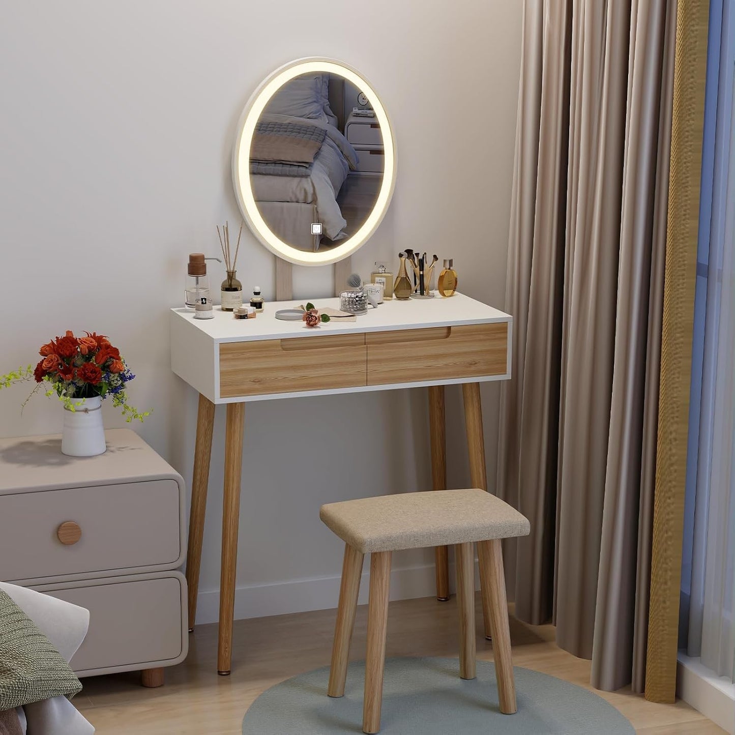 YOURLITE Makeup Vanity Desk with Lights, Small Vanity with Adjustable Brightness Mirror for Small Spaces, Dressing Table with Drawers 27.5", Oval Mirror Wood