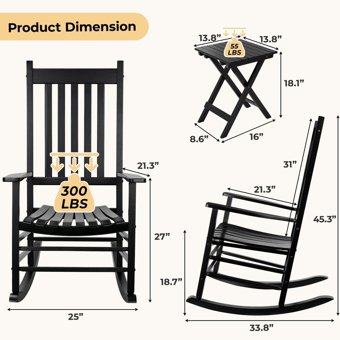 MAMIZO Outdoor Rocking Chair Set 3-Piece, Rocking Chair Patio Set of 2 with Side Table, with High Back,Indoors or Outdoor Wooden Rocker, Easy to Assemble for Porch, Patio, Garden,Lawn, Balcony