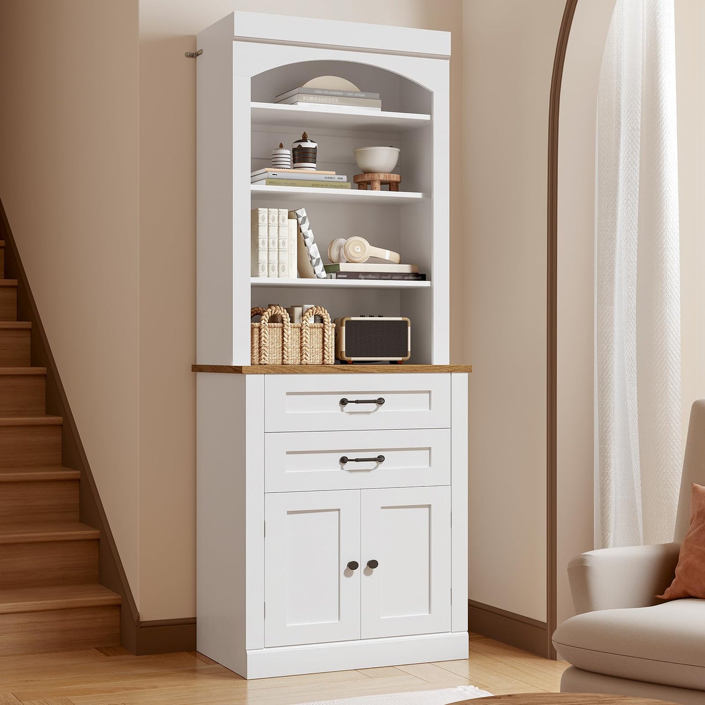 RALGEND Farmhouse Tall Bookshelf, 7 Tier Arched Bookcase with Drawers and Doors, Book Shelf with Storage Cabinet, Wooden Freestanding Open Display Bookshelves for Living Room, Office, White and Walnut