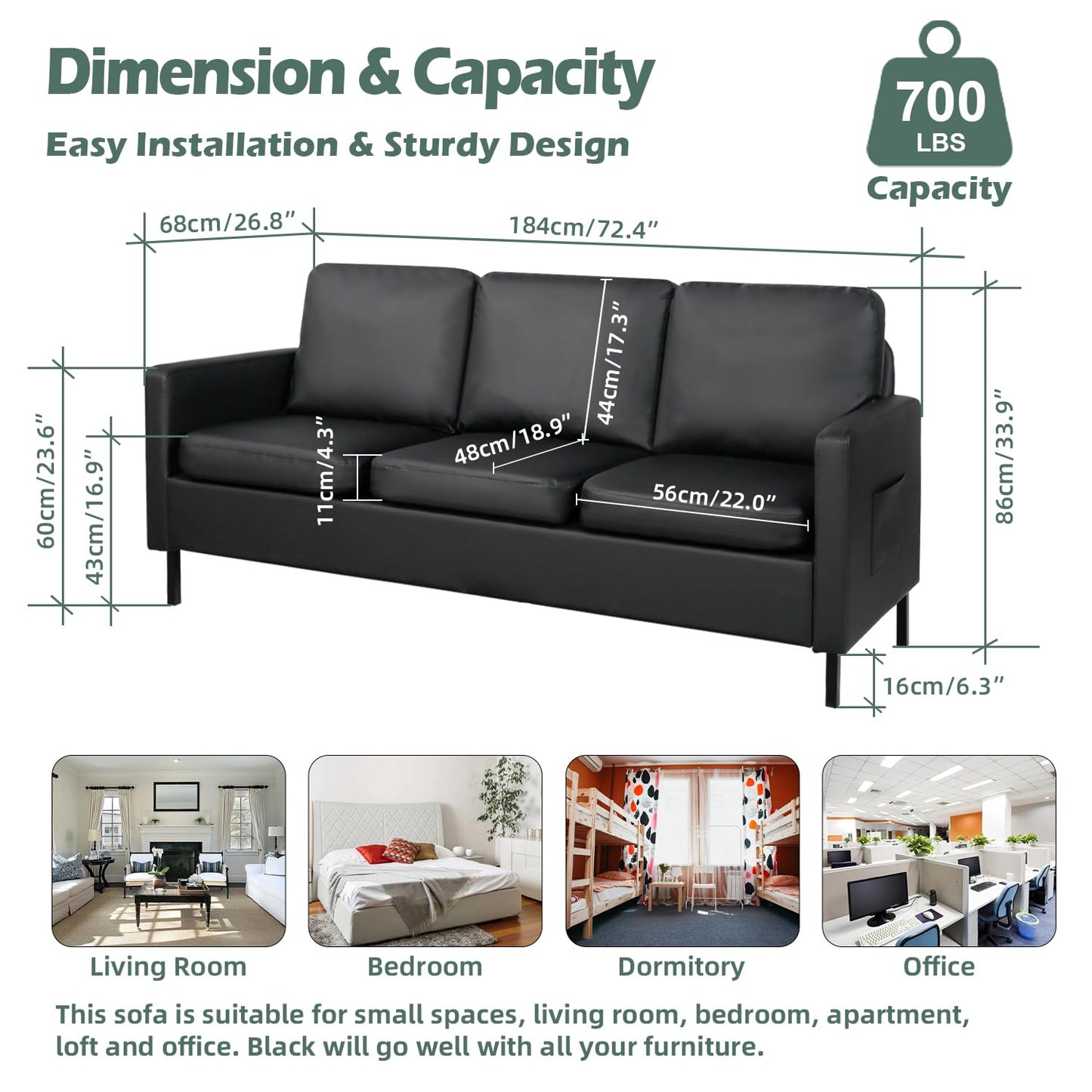 STHOUYN 72" W Faux Leather Black Sofa 3 Seat Couch, Modern Comfy Couch with 2 USB, Small Couches for Living Room Apartment Bedroom Small Spaces, Office(Black (Sofa))