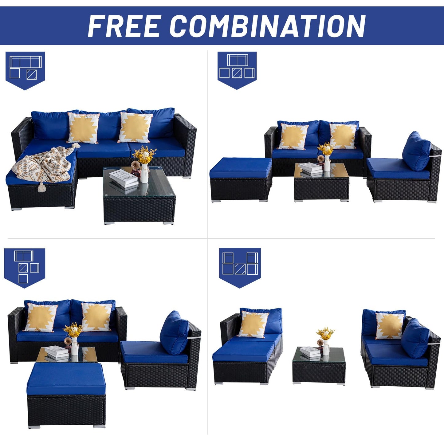 PAOLFOX 5 Piece Patio Furniture Sets,Patio Conversation Sets,Rattan Outdoor Furniture,Rattan Patio Chairs and Table,Black/Blue