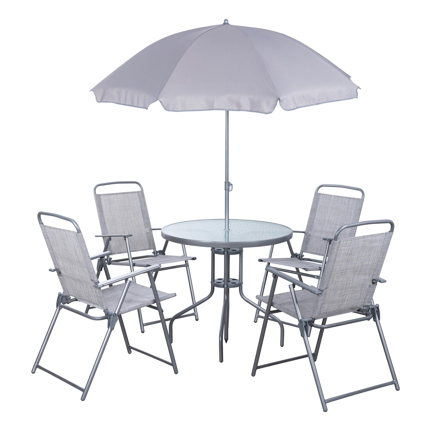 Shintenchi 6 Piece Patio Dining Set with Umbrella, Outdoor Furniture Set with 4 Folding Chairs and Tempered Glass Top Dining Table fot Lawn Backyard Garden Porch Silver