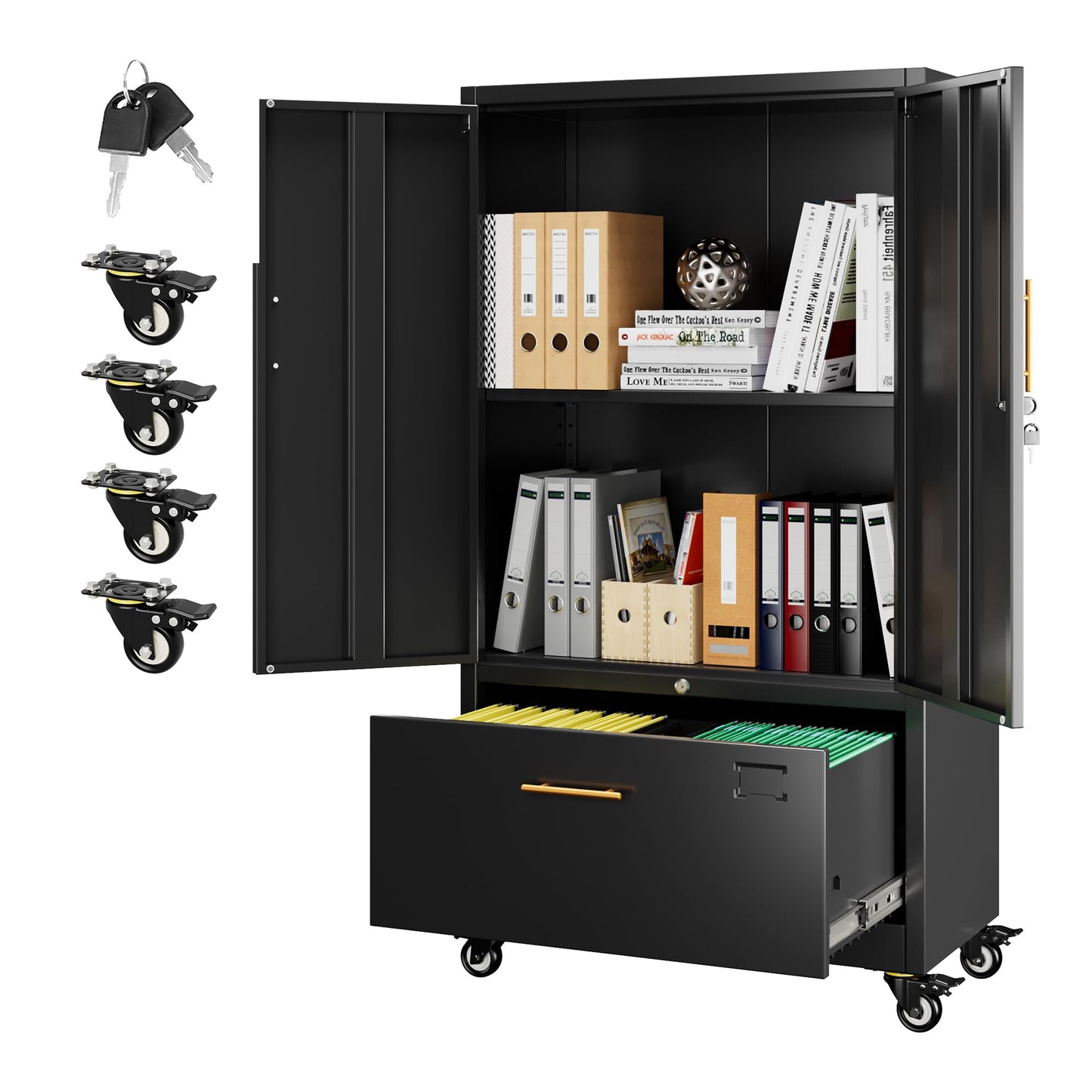 Aobabo Metal 1 Drawer Office File Cabinet with Lock and 2 Doors, Office Steel Files Cabinet with Wheels, Legal/Letter A4 Size, Assembly Required, Black