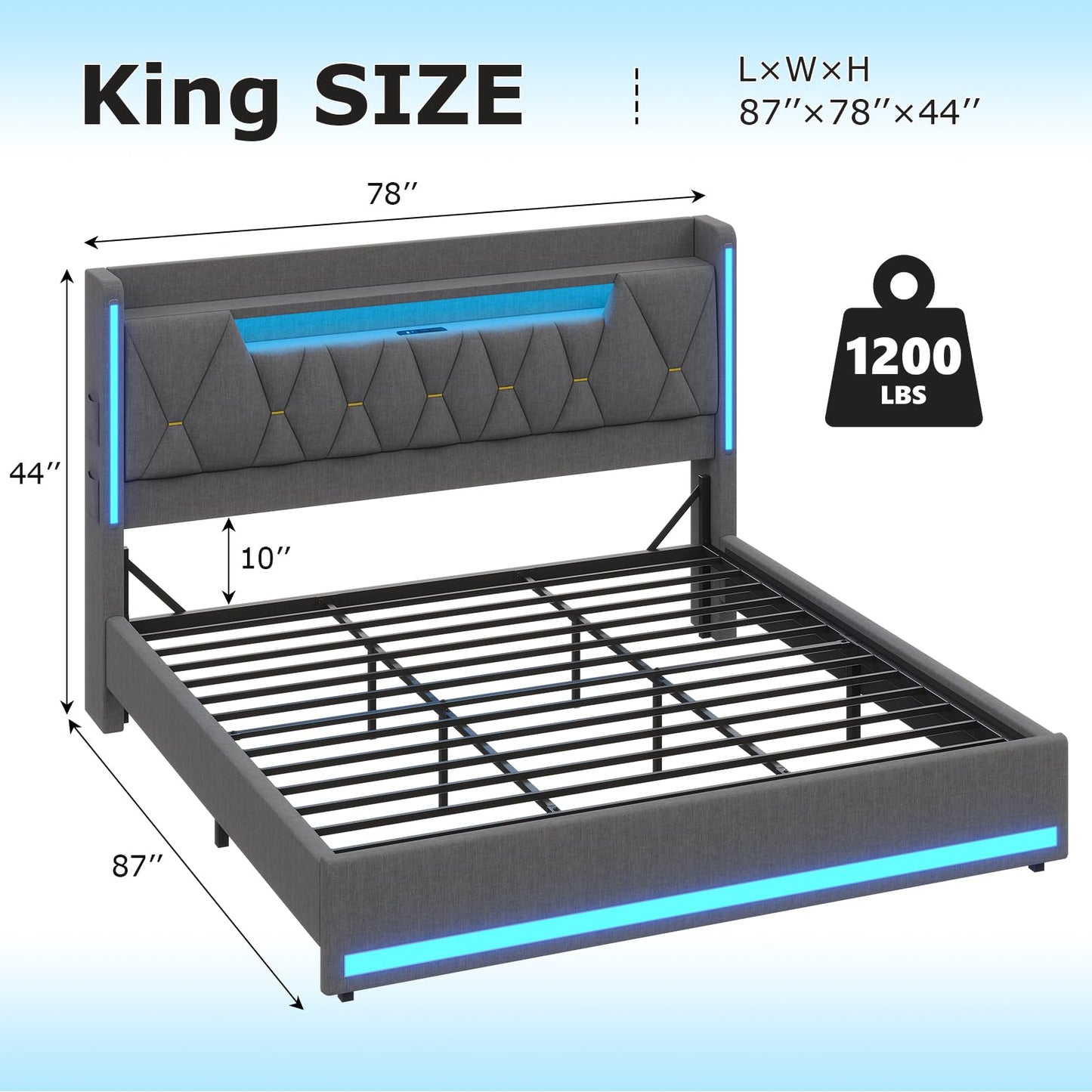 BYSAUD King Size Bed Frame with LED Lights & Charging Station, LED King Bed with Hidden Space and 2-Tier Shelves, Upholstered Metal Bed Frame with Headboard, No Box Spring Needed, Dark Gray, Linen
