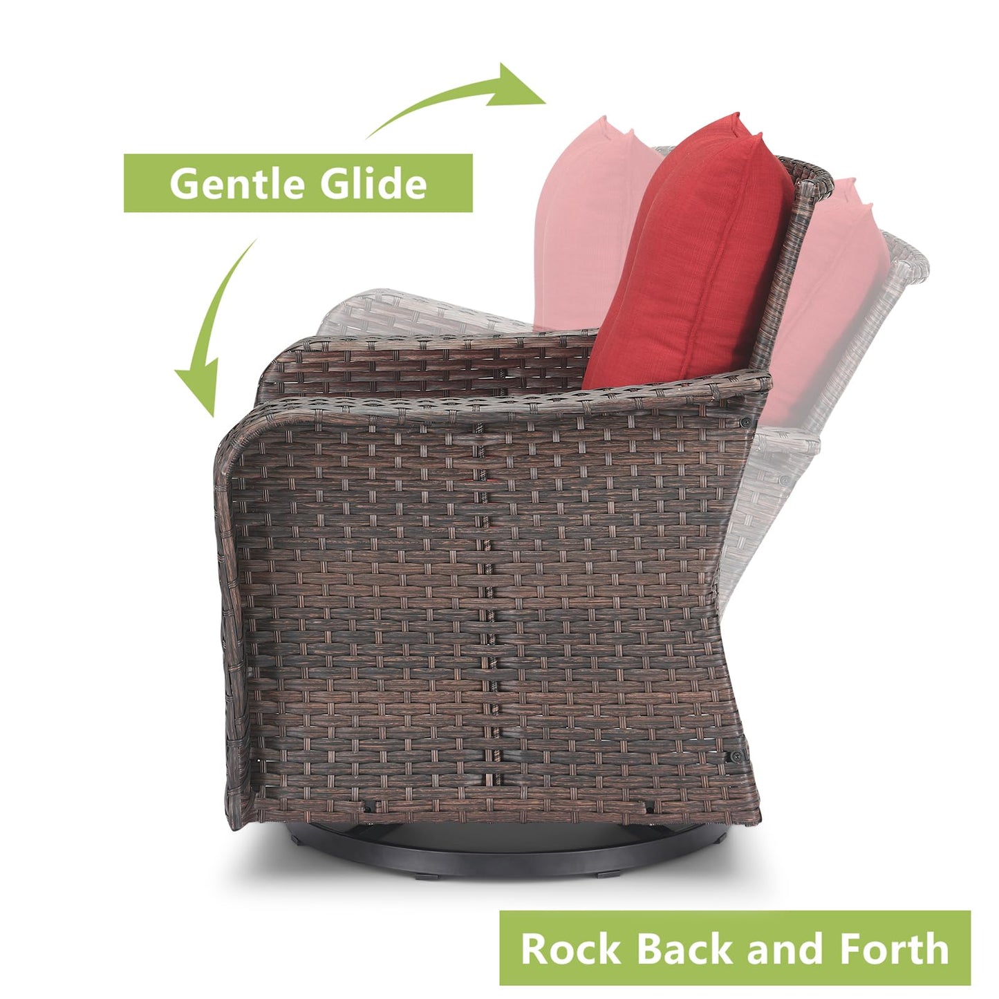 Rilyson Outdoor Patio Swivel Rocker Chairs - 3 PC Wicker Patio Bistro Sets with High Back,Thick Comfy Cushions, Deep Seating and Side Table for Porch Deck Backyard Garden(Brown/Red)