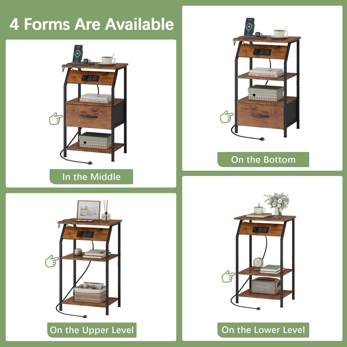 JAXPETY Nightstands Set of 2, Night Stand with Drawer Shelf and Charging Station, Storage End Table, Bedside Table for Bedroom Living Room Sofa, Rustic Brown