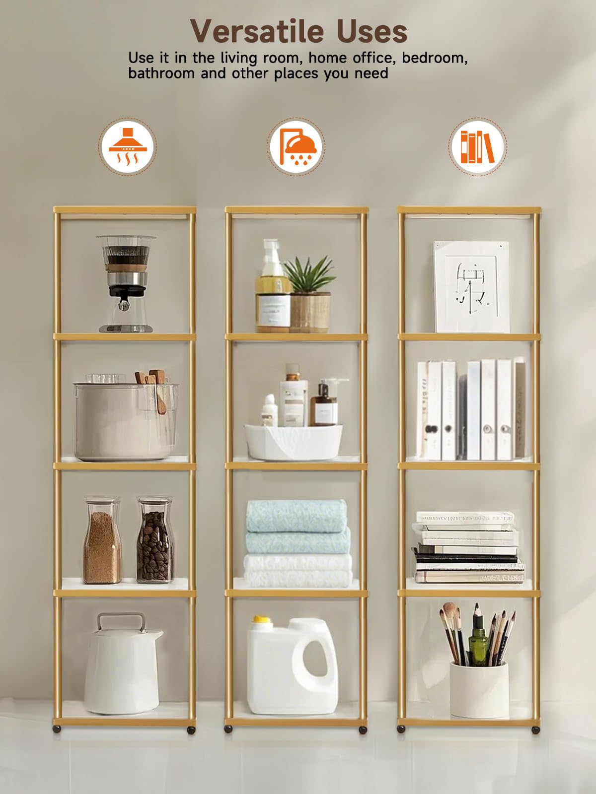 MANBUR Display Shelf with Dimmable LED Floor Lamp, Display Cabinet with Glass Bookcase, Home Decor, Bedroom Decor, Bookshelf with Light, Open Book Shelf with 5-Tier Shelf for Living Room Decor Gold