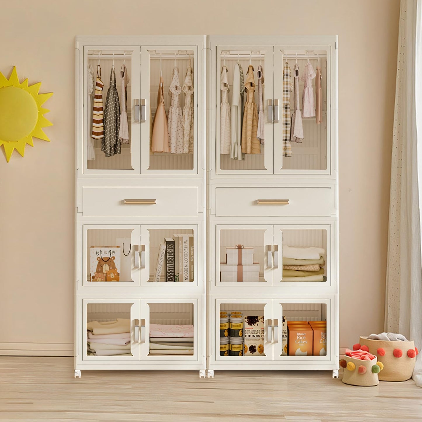 MU TU HD Large Portable Kids Closet Children's Armoire Adults Clothes Wardrobe Closet with Drawers and Doors, Collapsible Baby Costume Storage Organizer Kids Dress Up Storage Cabinet with Hanging