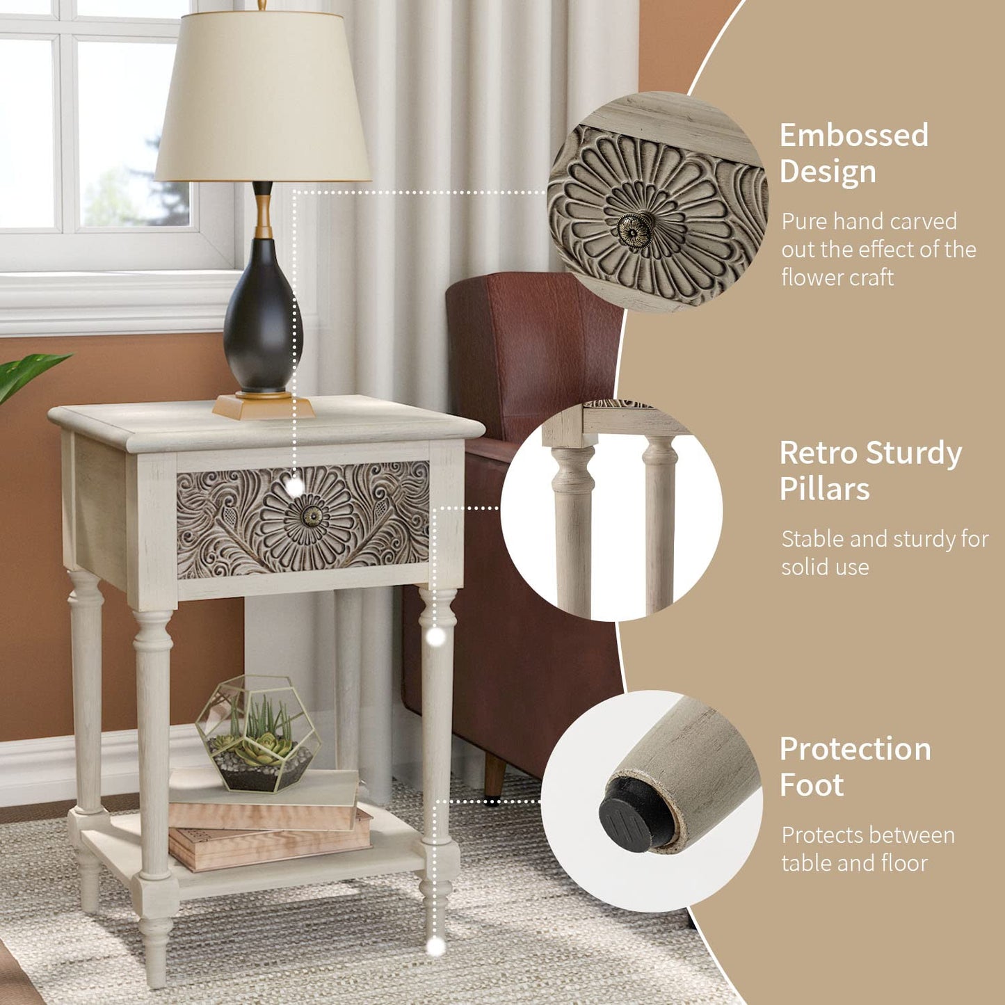 SUNBURY Vintage Nightstand Set of 2, Wood Small Bedside Table with Drawer and Open Shelf, Shabby Accent End Side Table for Living Room, Bedroom