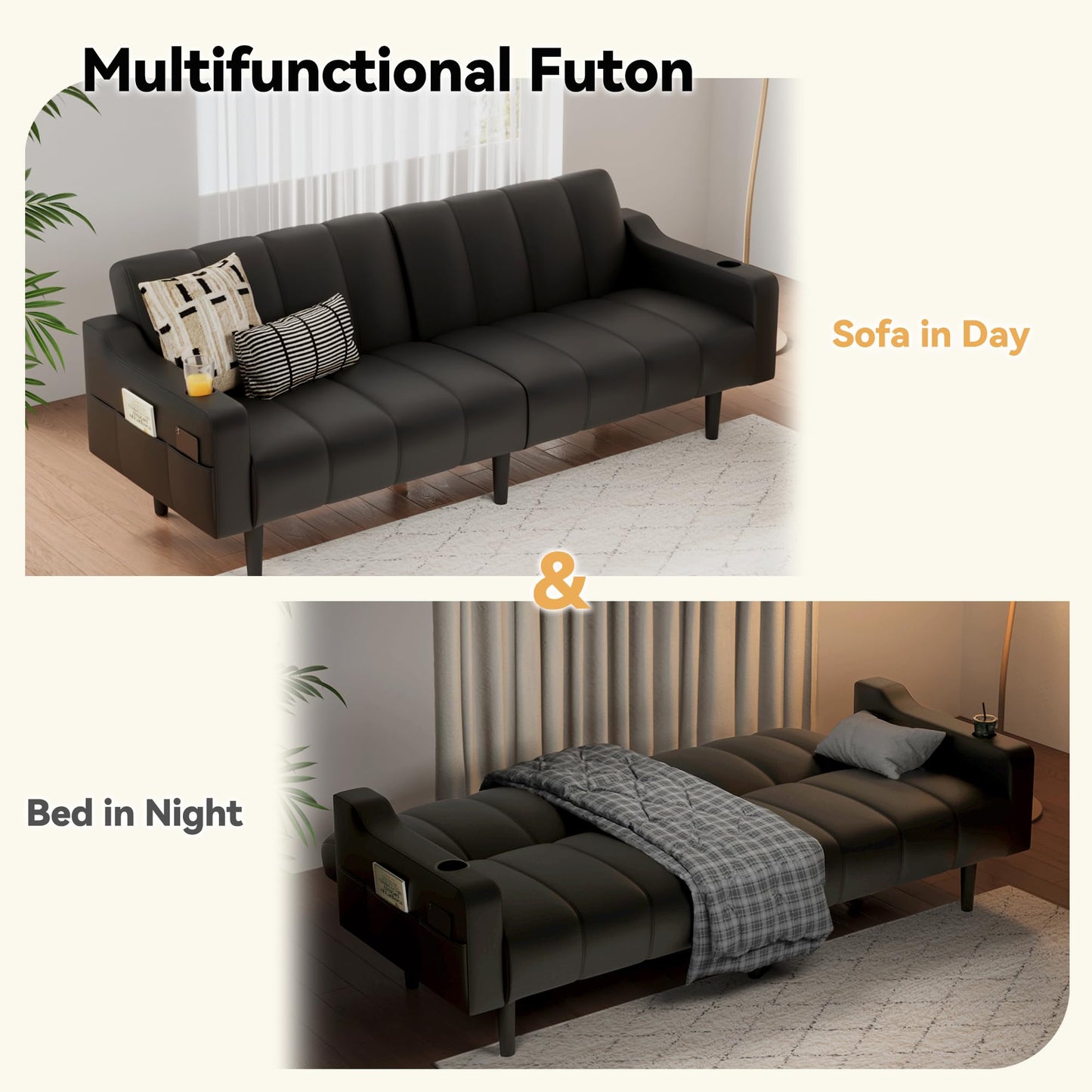 80'' Leather Couch, Futon Sofa Bed, Faux Leather Couch with Adjustable Backrest, 2 Cup Holders & Side Pockets, Mid Century Modern Sofa for Living Room, Bedroom, Black