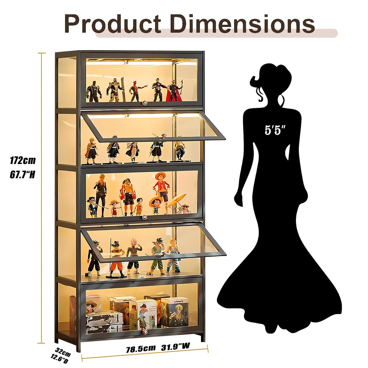 JOIHGA 5 Tier Display Cabinet with Acrylic Glass Doors, 68" Curio Display Cabinet with Adjustable Shelves, Large Capacity Storage Cabinet Collectibles Toy Organizers Rack & Display Shelf for Playroom