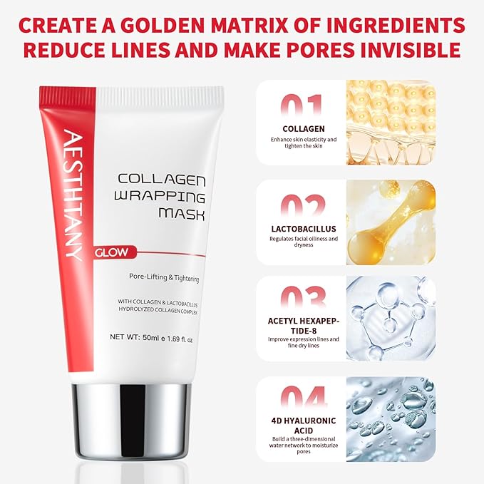 Collagen Peel Off Mask with Peptides and 4D Hyaluronic Acid for Firming, Hydrating, Pore Minimizing, and Fine Line Reduction