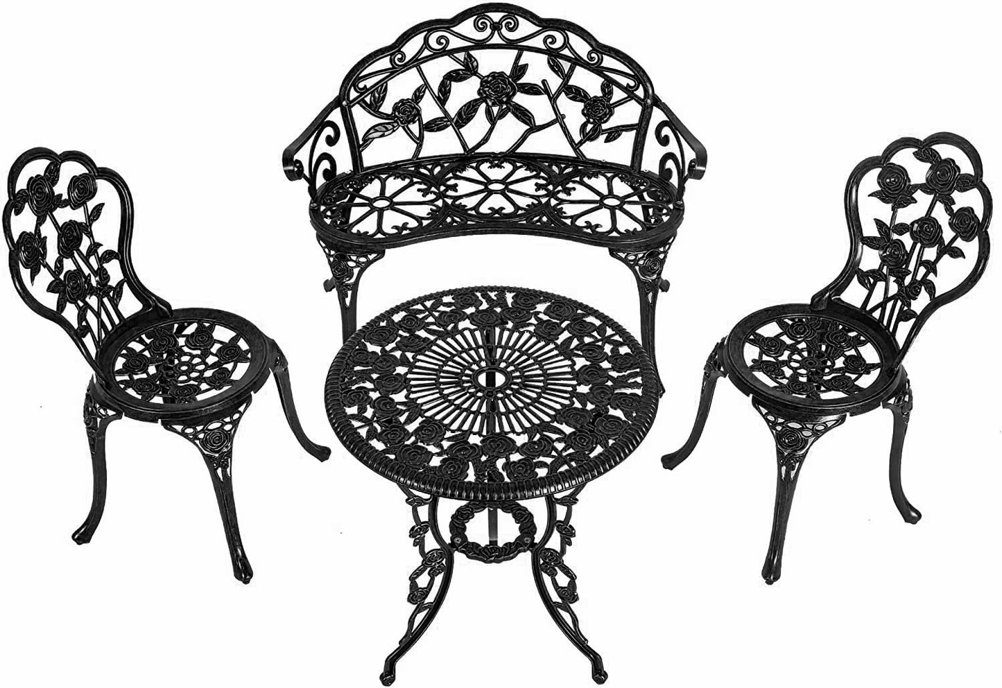 Aura Outdoor Cast Aluminum Bistro Set of 4, Patio Rose Table and Chair Set with Umbrella Hole for Balcony All Weather Resistant Black