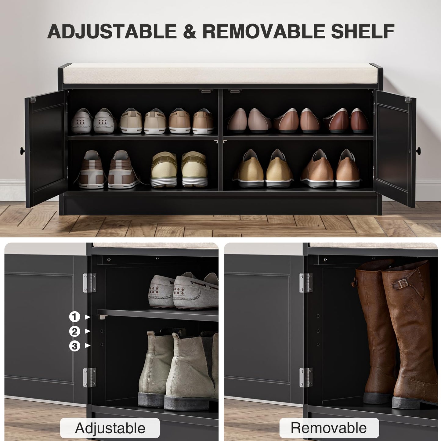 Skokliz Entryway Shoe Bench with Storage, 2 Doors 2-Tier Rattan Shoe Cabinet with Padded Cushion & Adjustable Shelves, Boho Shoe Organizer Storage Bench for Hallway, Bedroom, Entrance