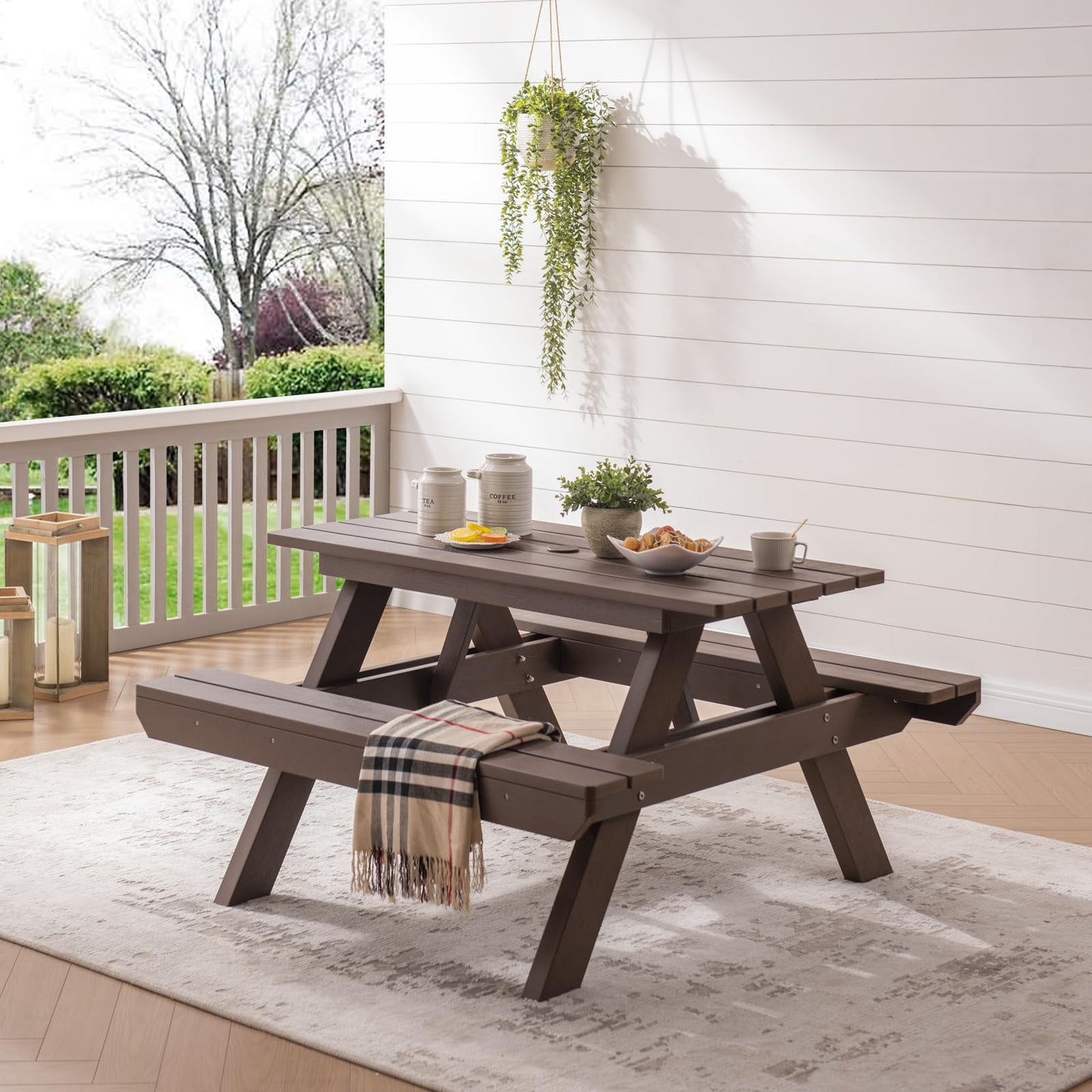 Psilvam Picnic Table - Heavy Duty Poly Lumber with Umbrella Hole & Integrated Benches, 100% Waterproof All-Weather for Patio, Garden (Brown)