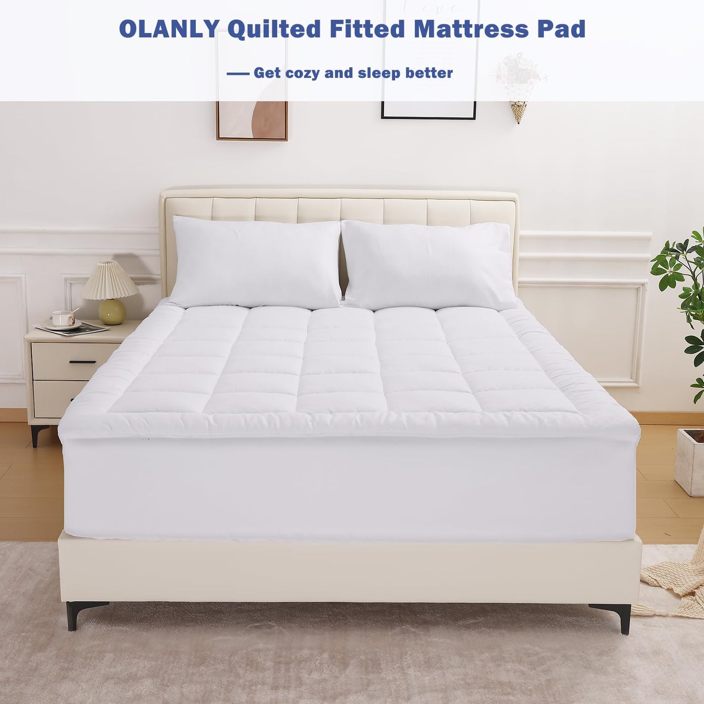 OLANLY Queen Quilted Fitted Mattress Pad, Elastic Fitted Mattress Topper, Cooling Soft Mattress Cover Stretches up to 21 Inches Deep, Machine Washable Mattress Protector (60x80 inch, White)