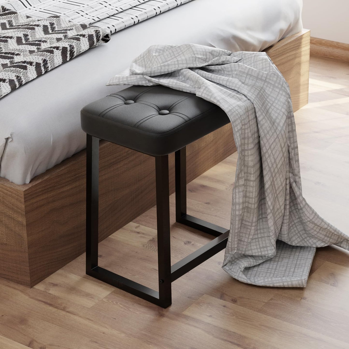 iTsst Vanity Stool Chair, Makeup Stool for Vanity,Small Ottoman Footrest for Bathroom, Bedroom, Living Room, Entryway, Offices，Leather &Metal Legs with Anti-Slip Feet, Black