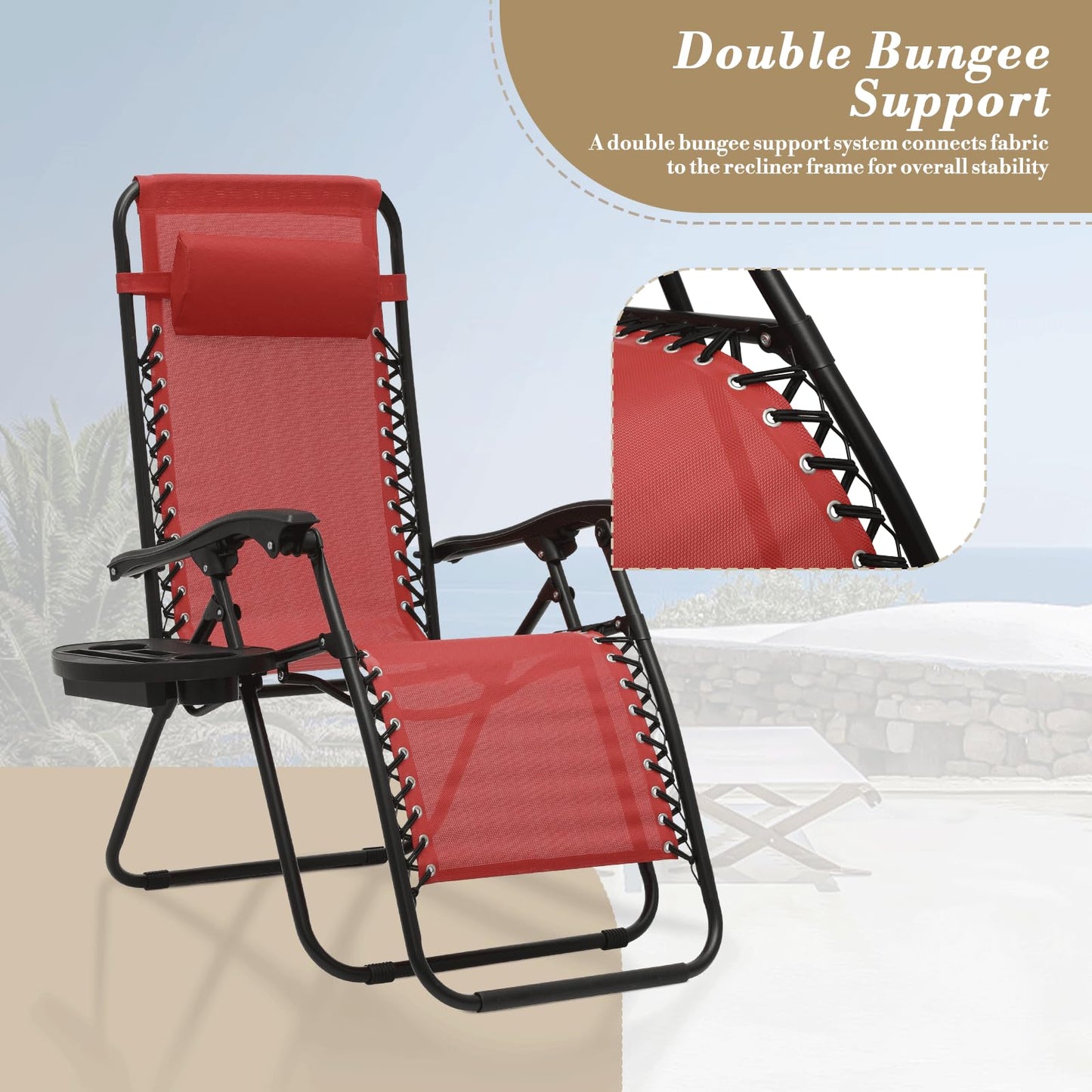 Athena Collection Zero Gravity Outdoor Lounge Chair Set of 2 with Cup Holder, 25" Width Pool Lounge Lawn Chairs Reclining, Outdoor Chaise for Beach Patio Backyard Outside, Dark Red