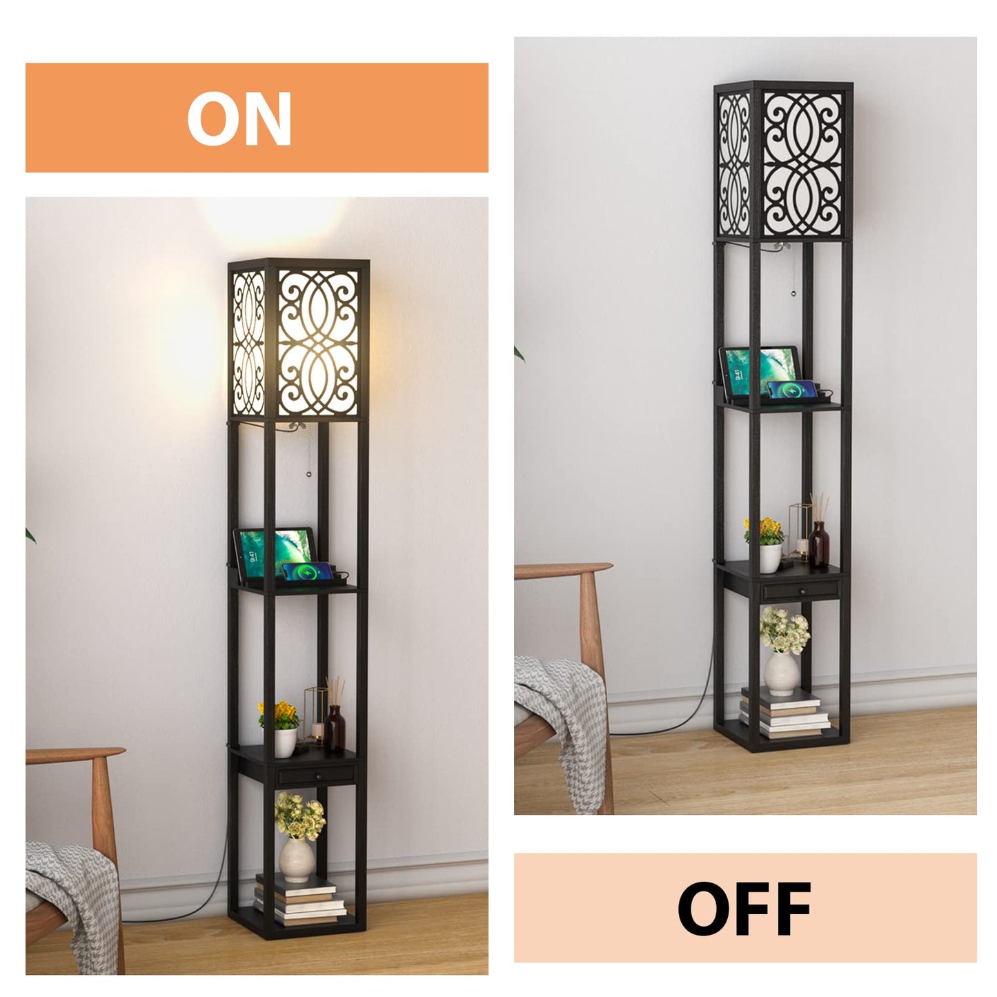 Carved Floor Lamp with 3 Shelves, Tall Standing Light for Bedroom & Living Room, 2 USB Charging Ports Drawer Storage, Stylish Wooden Reading Home Office