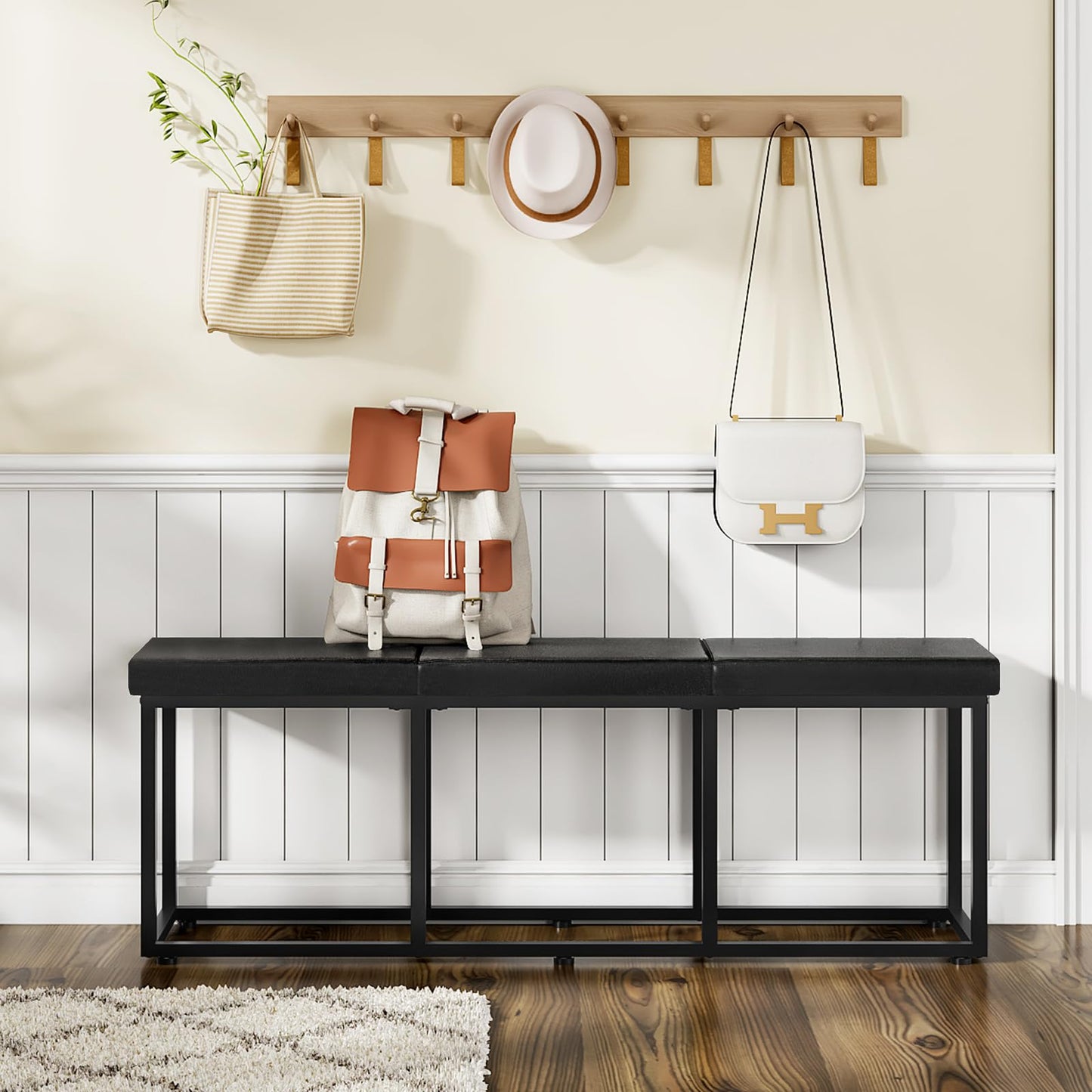 HOOBRO Dining Bench, Dining Room Bench with PU Leather Upholstered Seat, for Kitchen, Living Room, Hallway, Kitchen, Entryway, Bedroom, Black BB46CD01