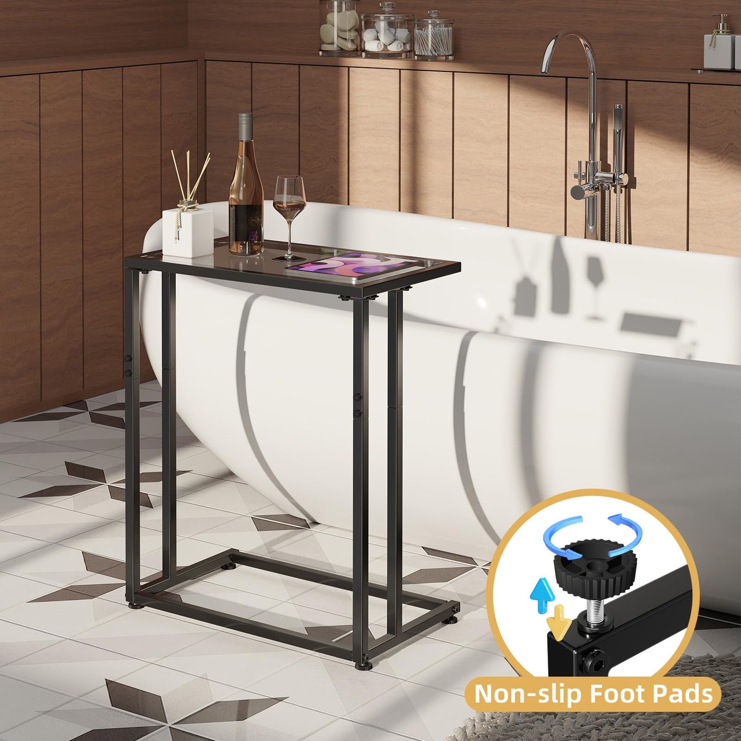 Simple Trending C Table Tempered Glass End Table, Couch Side Table, Snack Sidetable with Metal Frame, TV Tray Table for Small Space, Sofa Couch and Bed Side Table, Black