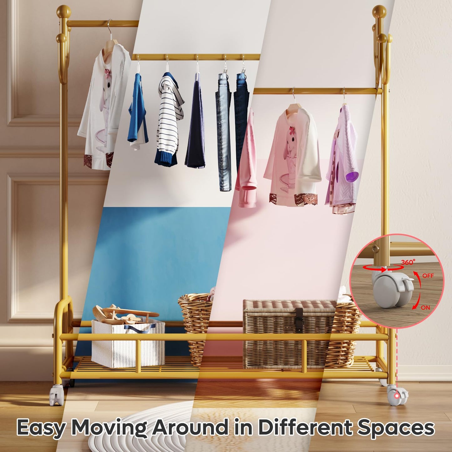 Bestier Kids Dress Up Rack, Adjustable Height for Kids Clothes, Metal Rack with Wheels and Bottom Storage Shelf, Gold