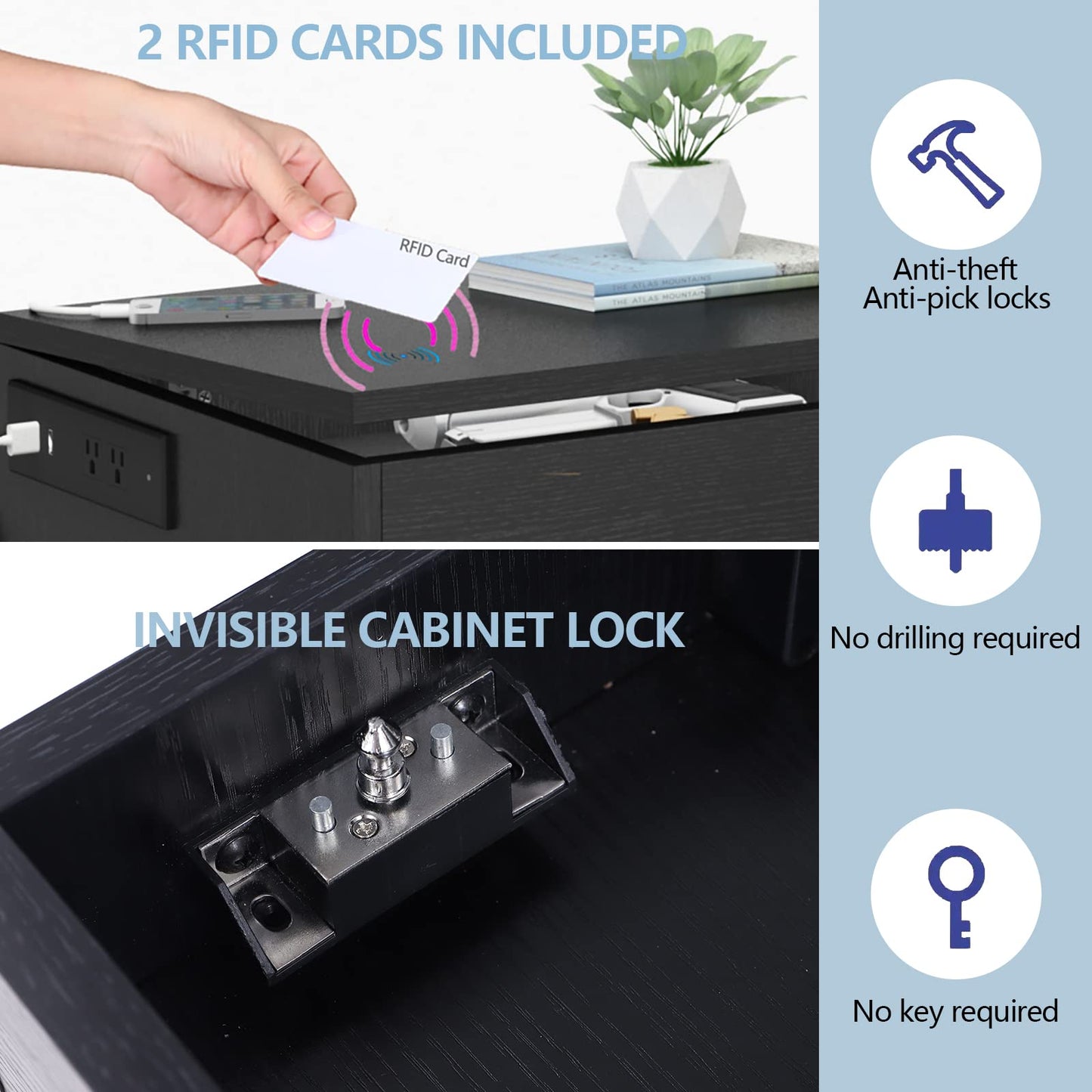 Auromie Nightstand with Charging Station and LED Lights, Concealment Furniture with RFID Lock Cabinet and Power Outlets, Bedside Table with Hidden Compartment for Valuables Storage, Black