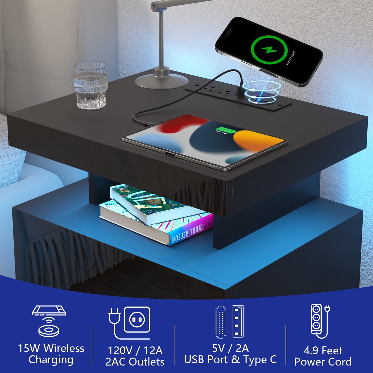 HOMMPA LED Nightstand with Wireless Charging Station & USB Ports, Modern Bedside Table, Black Night Stand with Open Compartment, Smart Nightstand High Gloss Surface for Bedroom