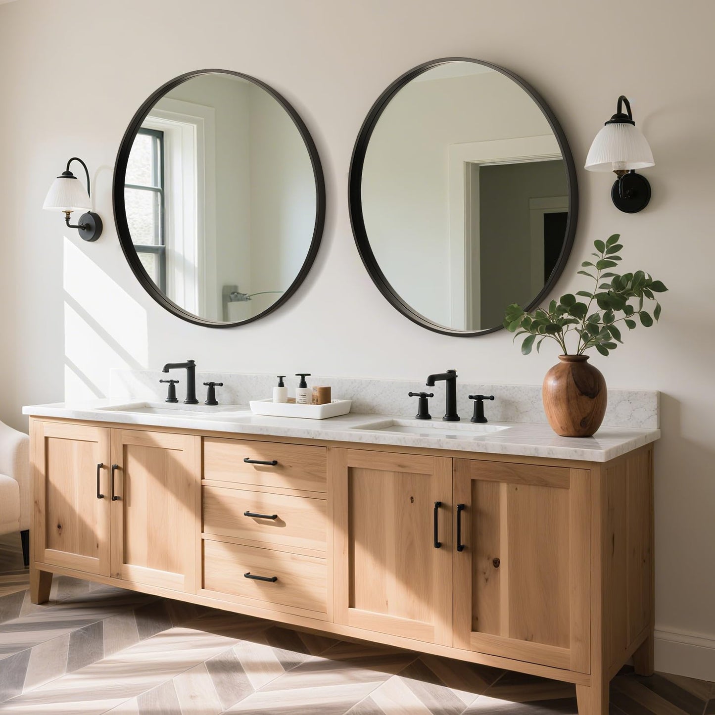 WallBeyond Round Wood Mirror, 32" Round Modern Decoration Large Circle Wall Mirror for Bathroom Living Room Bedroom Entryway, Black