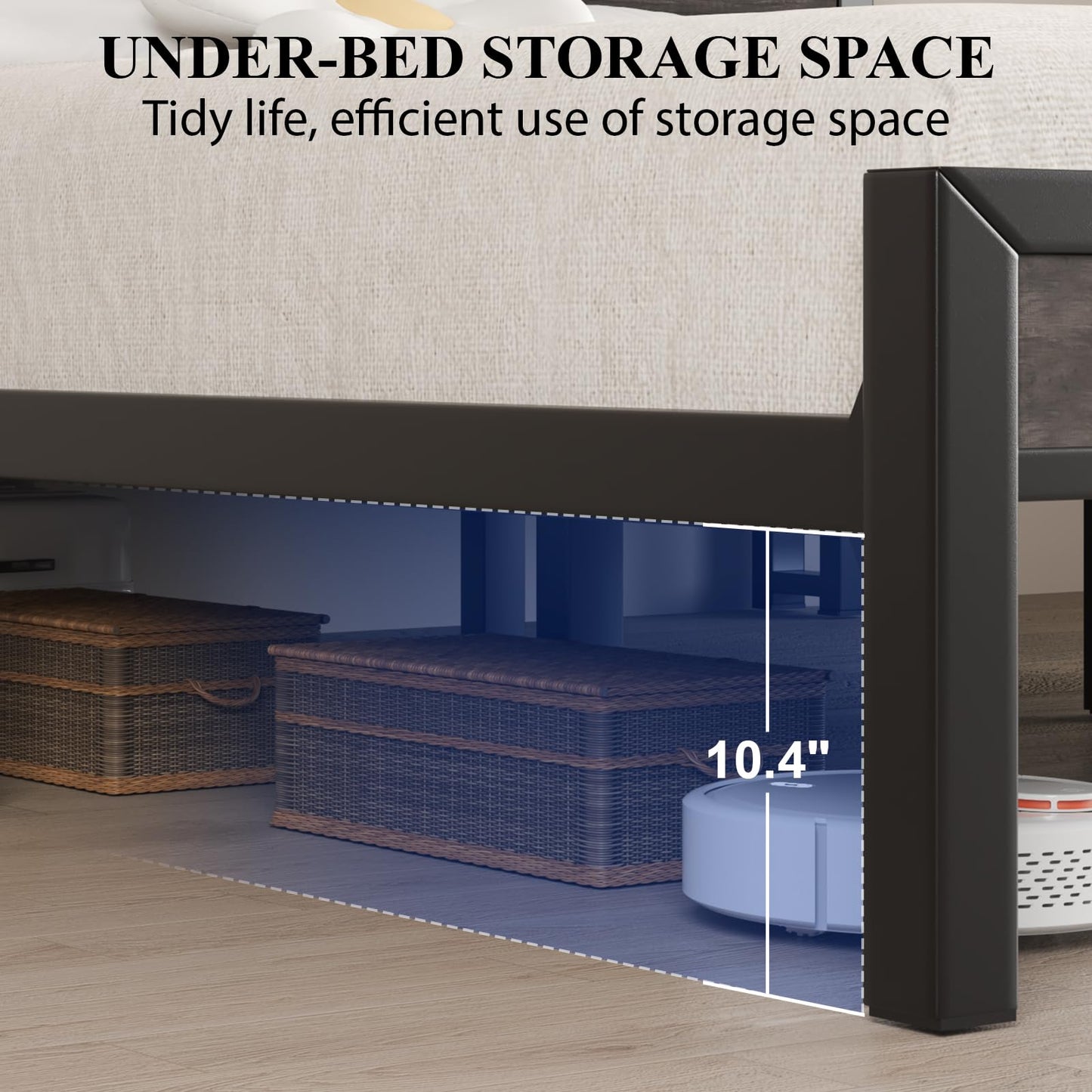 LOEWAY King Size Platform Bed with 2-Tier Storage Headboard, Metal Bed Frame with Charging Station & LED Light, Heavy Duty Metal Slats, No Box Spring Need, Noise Free, Grey