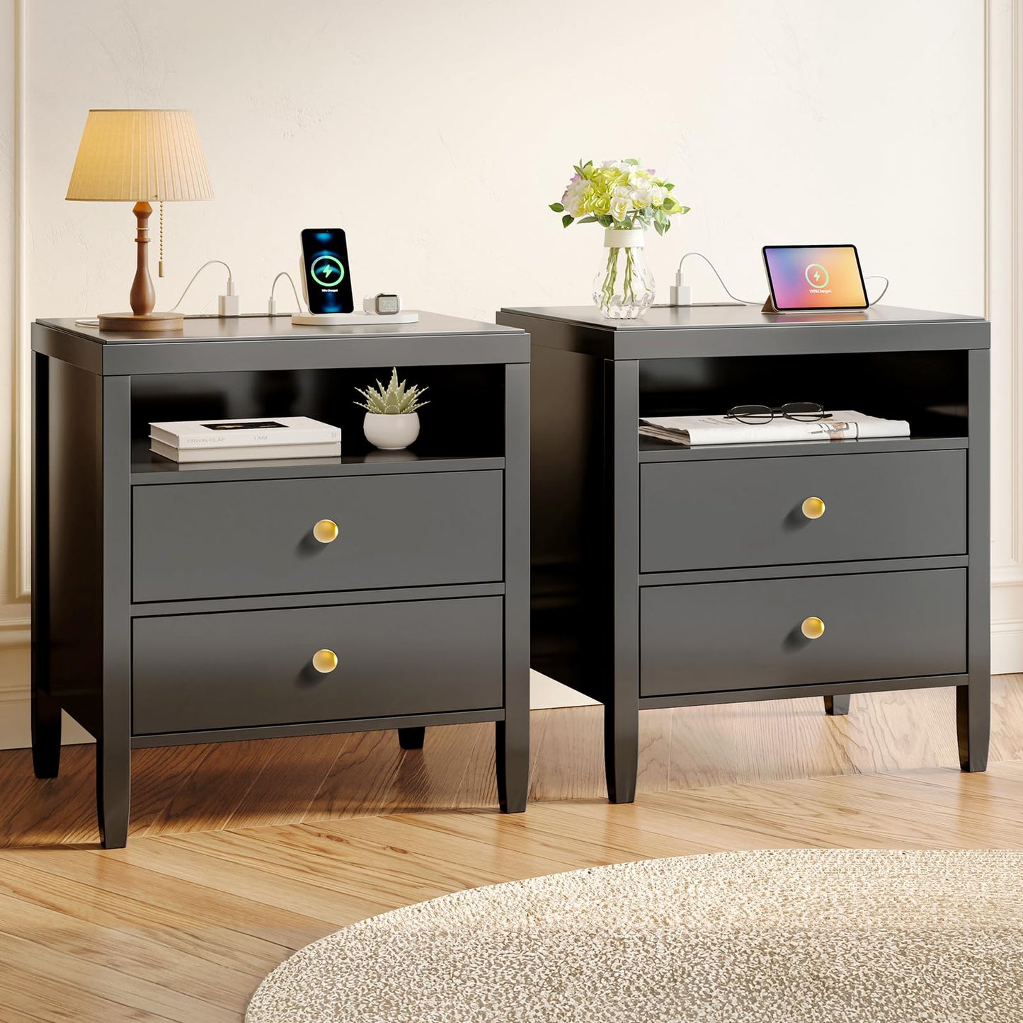 Huuger Black Nightstand Set of 2, Night Stand with Charger Station, Bedside Table with 2 Drawers, Bed Side Tables for Bedroom, Modern Nightstands, Metal Knobs, Painted Surface