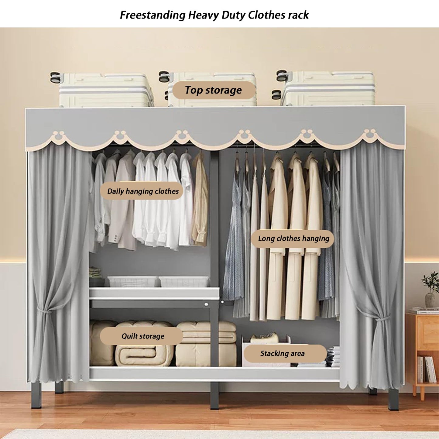 Dawselod Foldable Clothe Rack with Cover Heavy-Duty Portable Wardrobe Closet for Bedroom Armoires Freestanding Clothing Coat Storage Rack Garment Rack for Hanging Clothes (125cm/49.2in(Full Hanging))
