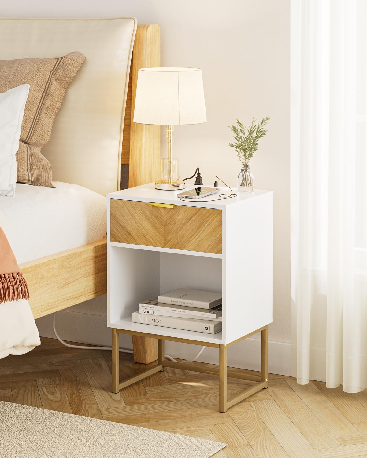 Acodaiuy Nightstand with Charging Station, Boho Night Stand with Drawer Wood Farmhouse Bedside Table with Storage, End Side Accent Table for Bedroom,Living Room,White