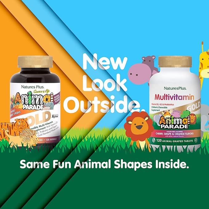 NaturesPlus Animal Parade Gold Children's Multivitamin - Assorted Cherry, Orange & Grape Flavors - 120 Animal-Shaped Chewable Tablets, Pack of 2 - Vegan, Gluten Free - 120 Total Servings