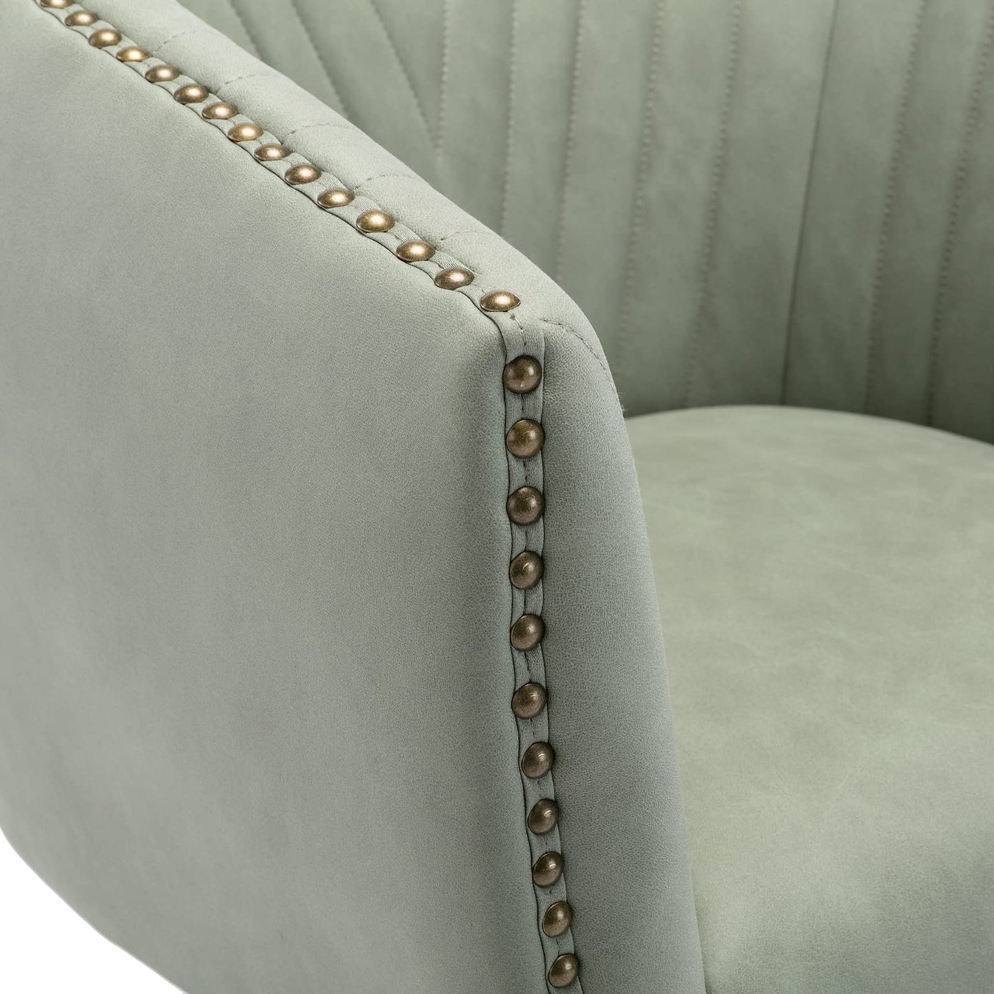 QUINJAY Green Faux Leather Home Office Desk Chair, Upholstered Barrel Swivel Adjustable Arm Desk Chair with Nailheads, Comfy Mid-Back Study Chair with Silent Wheel for Study Office Computer