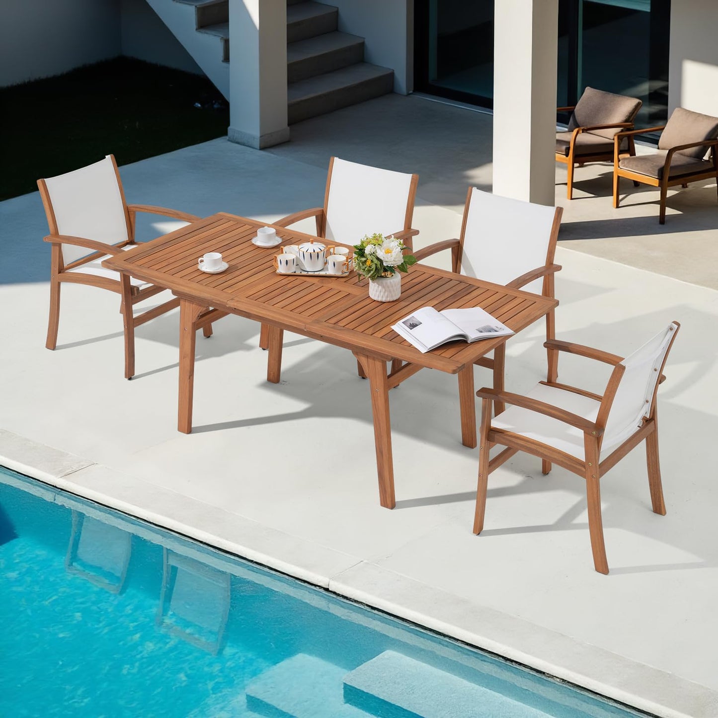 OC Orange-Casual Patio Furniture Set, Acacia Wood Patio Dining Set for 6-8, Outdoor Expandable Table and Chairs Set with Umbrella Hole and Breathable Textilene Fabric for Garden (White, 5 Pieces)