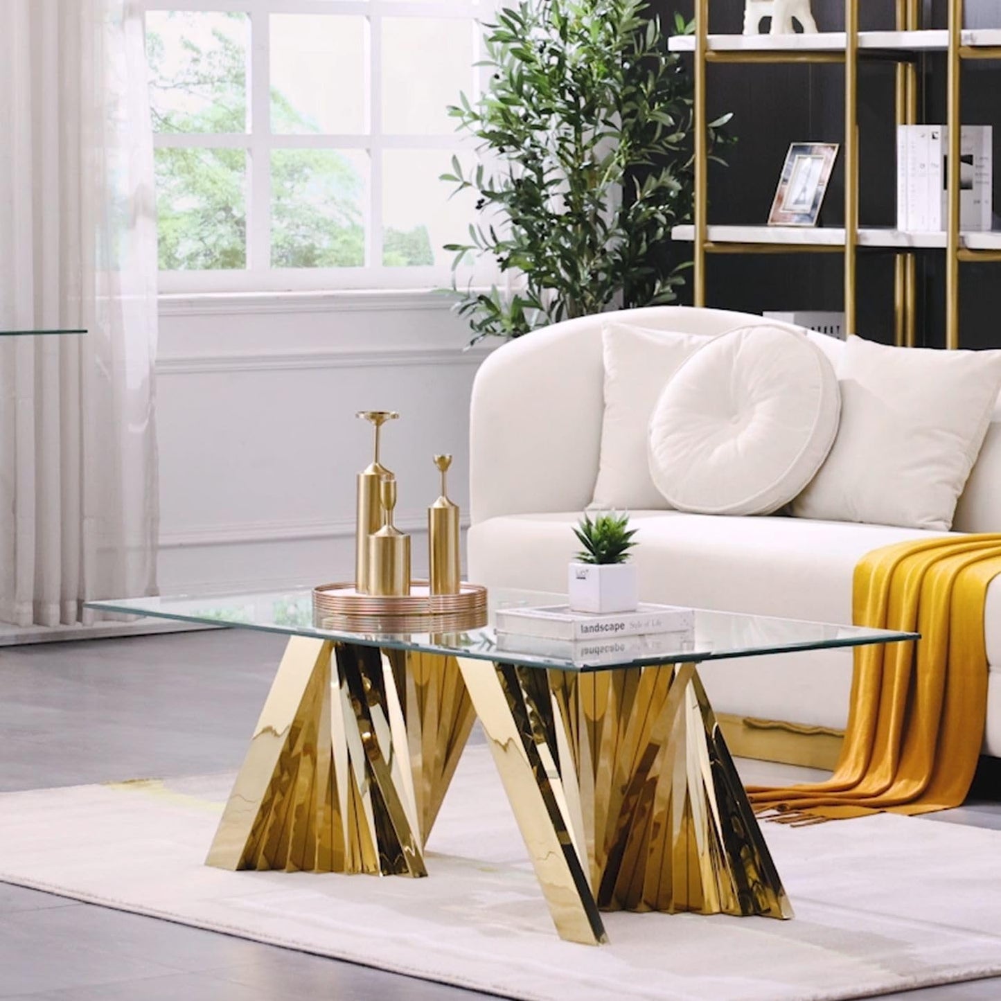 Anewsun Gold Coffee Table, 50" Rectangle Tempered Glass Living Room Coffee Table with Gorgeous Polished Stainless Steel Base