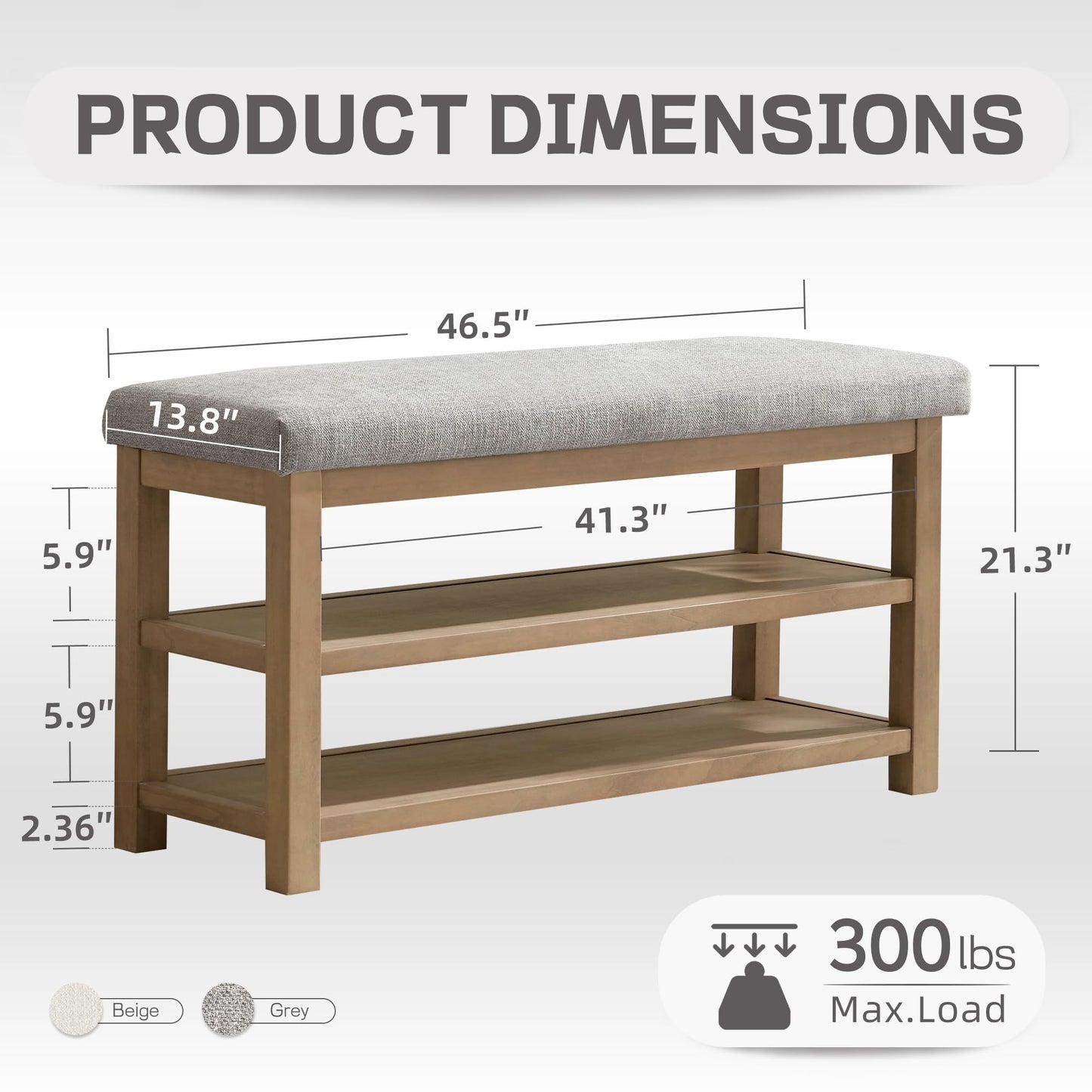 Zihanhome 2 Tier Shoe Rack Bench with Cushion, Solid Wood Shoe Benches, Mid-Century Modern Shoe Storage Bench for Entryway, Hallway, Living Room, Closet, Front Door Entrance, (Grey, 46.5")
