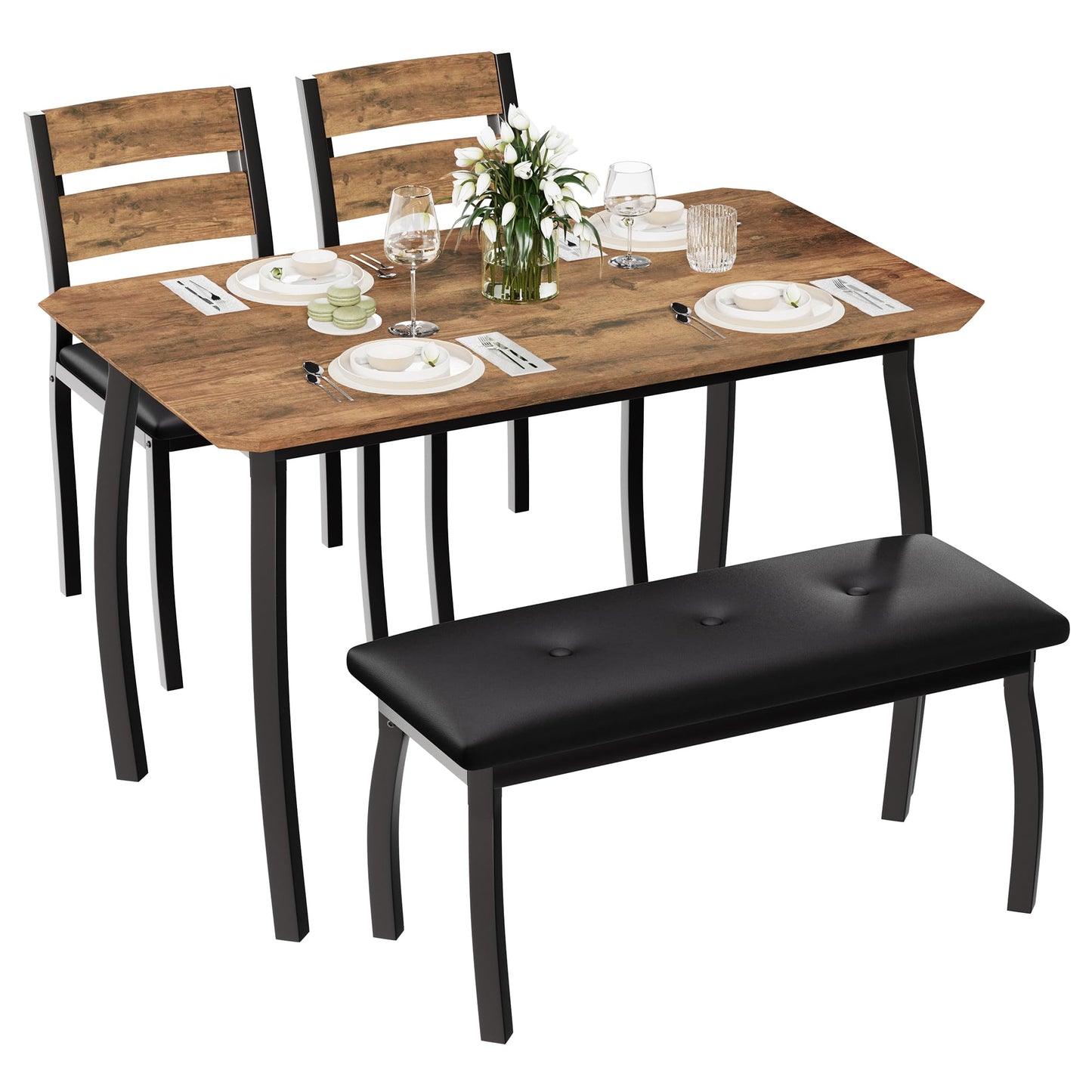 IDEALHOUSE 43'' Dining Table Set for 4, Wooden Kitchen Table with Upholstered Bench & 2 Cushion Chairs, Industrial Dinette Set for Studio, Kitchen, Dining Room, Apartment, Retro