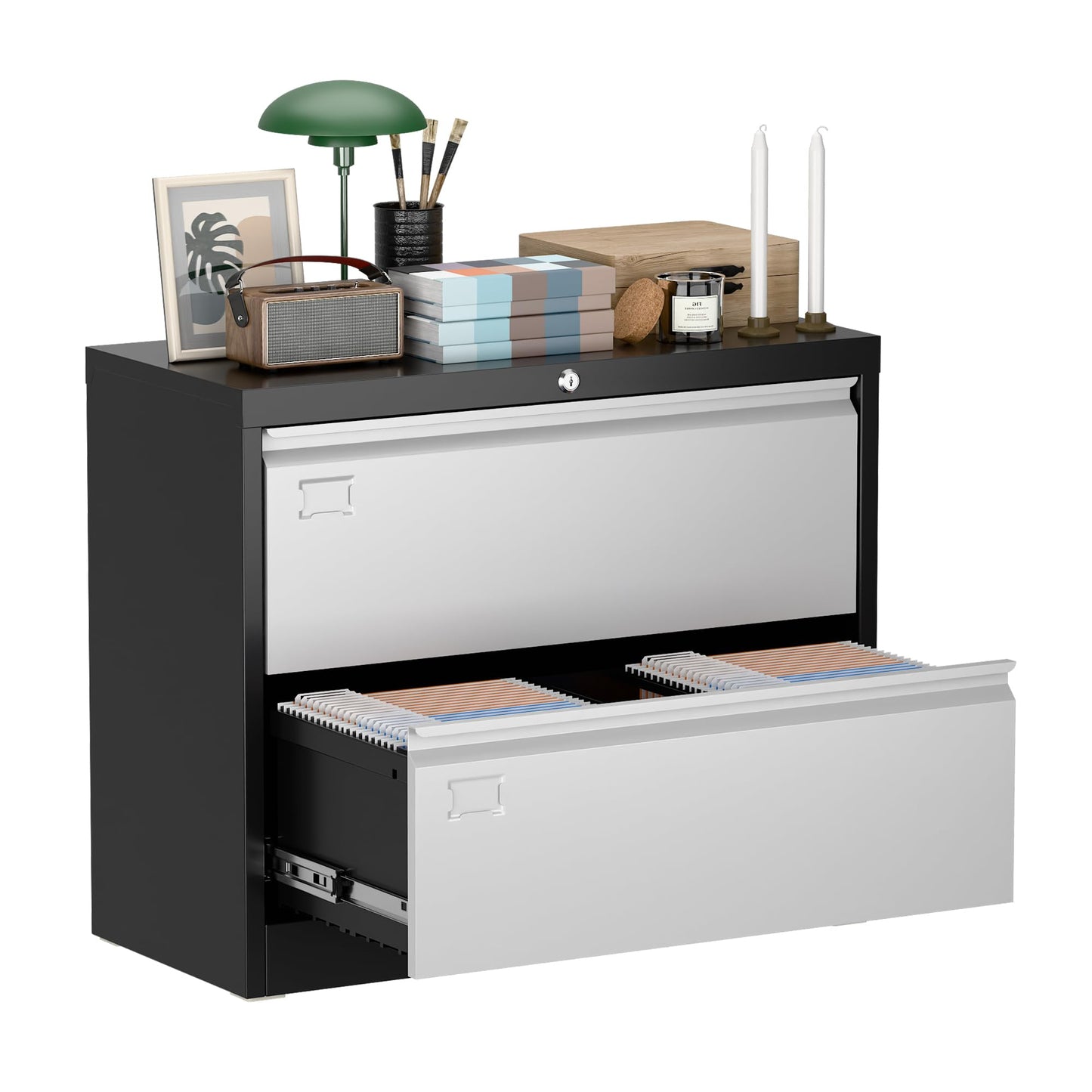 Aobabo Metal 2 Drawer Lateral File Cabinet with Lock, Large Deep Drawer with Adjustable File Bars for Office,Home, 34.5 Inches Wide for Letter/Legal Size, Black Grey, Assembly Required